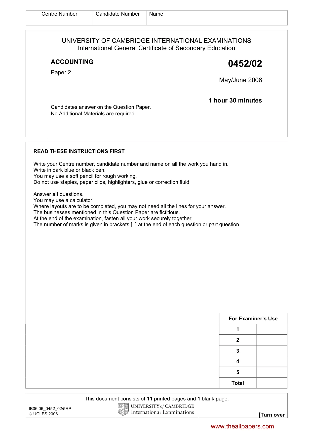Cambridge IGCSE Accounting 0452 2006 May/June Paper 2 · Variant 1 question paper, page 1 of 12