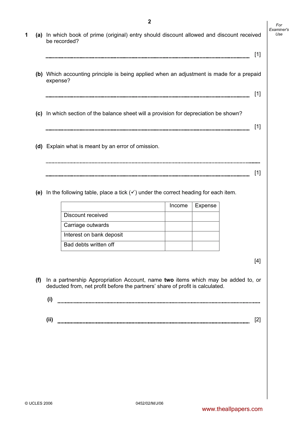Cambridge IGCSE Accounting 0452 2006 May/June Paper 2 · Variant 1 question paper, page 2 of 12