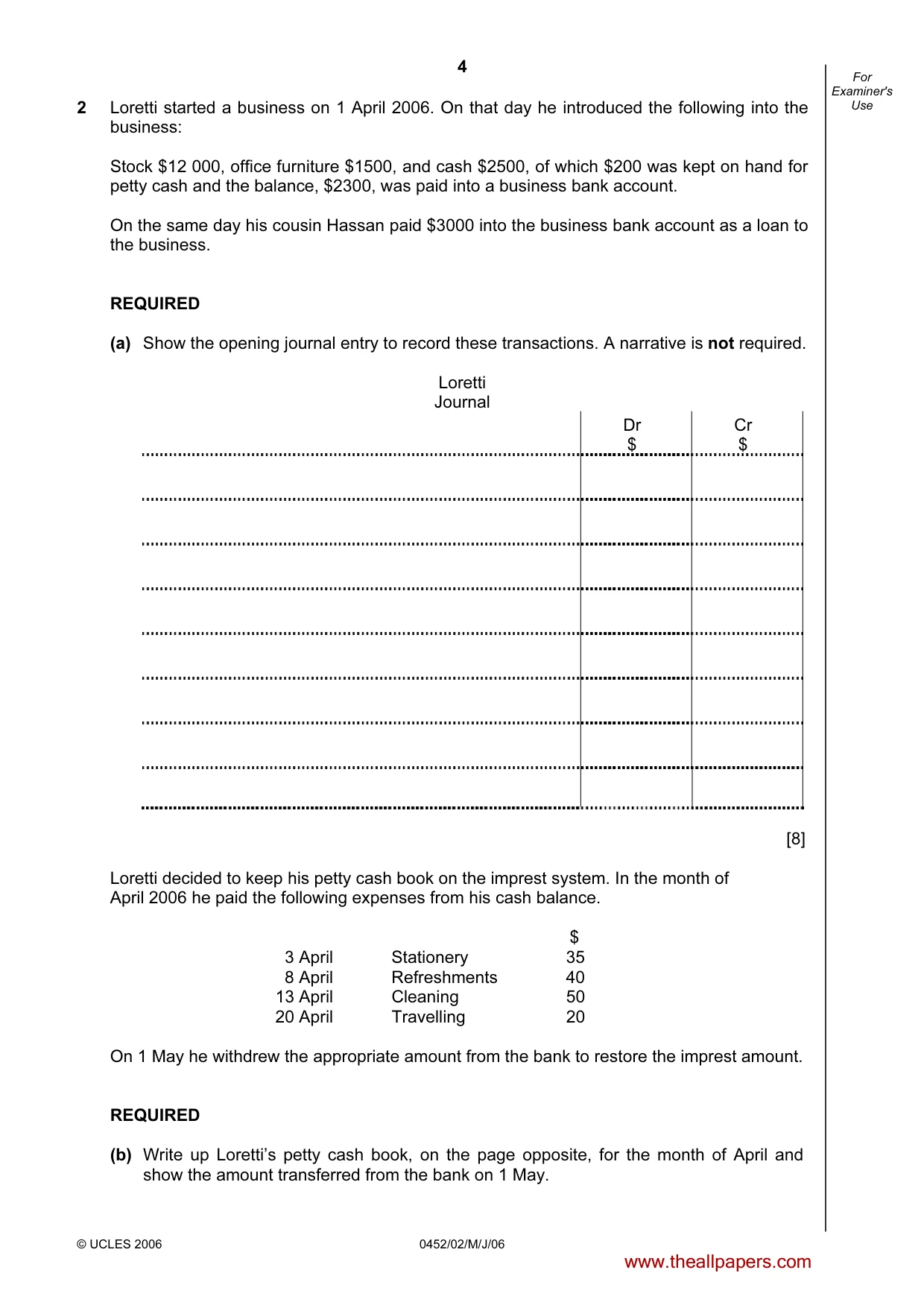 Cambridge IGCSE Accounting 0452 2006 May/June Paper 2 · Variant 1 question paper, page 4 of 12