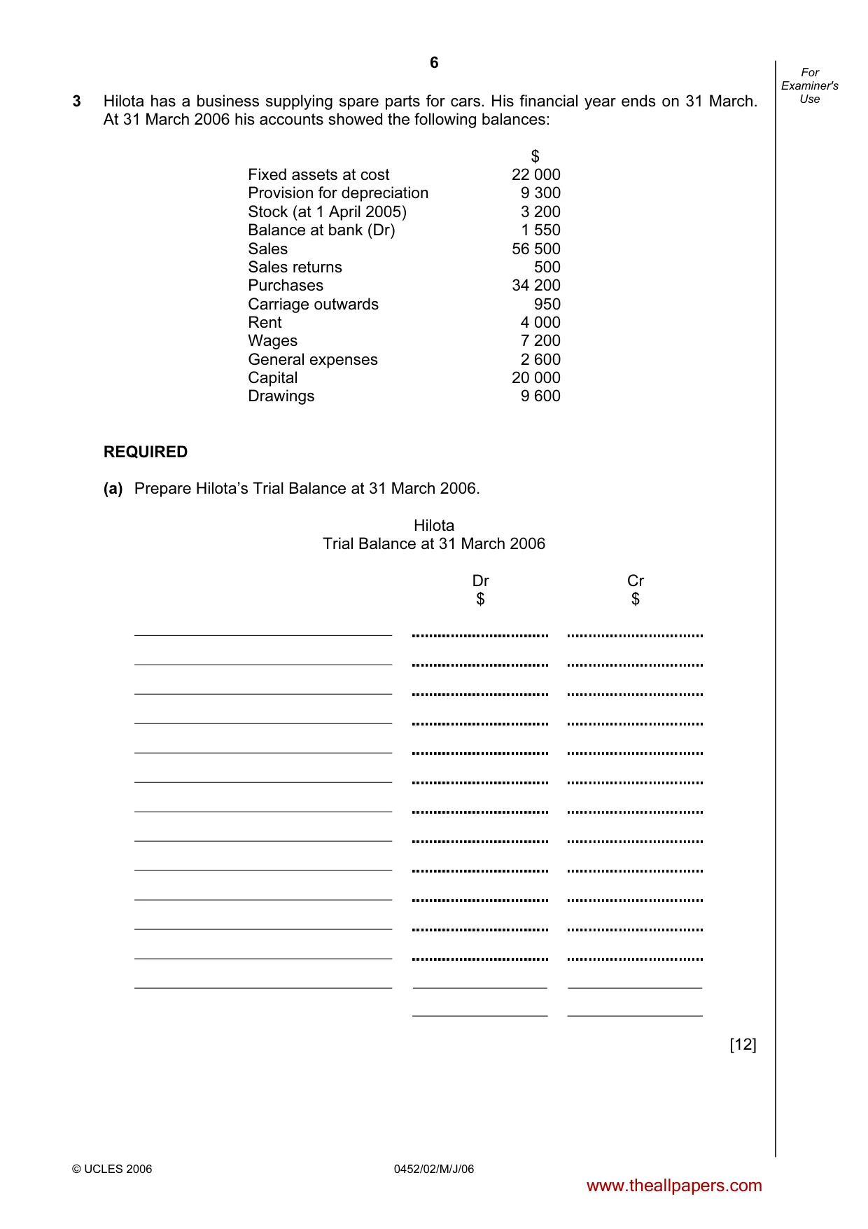 Cambridge IGCSE Accounting 0452 2006 May/June Paper 2 · Variant 1 question paper, page 6 of 12