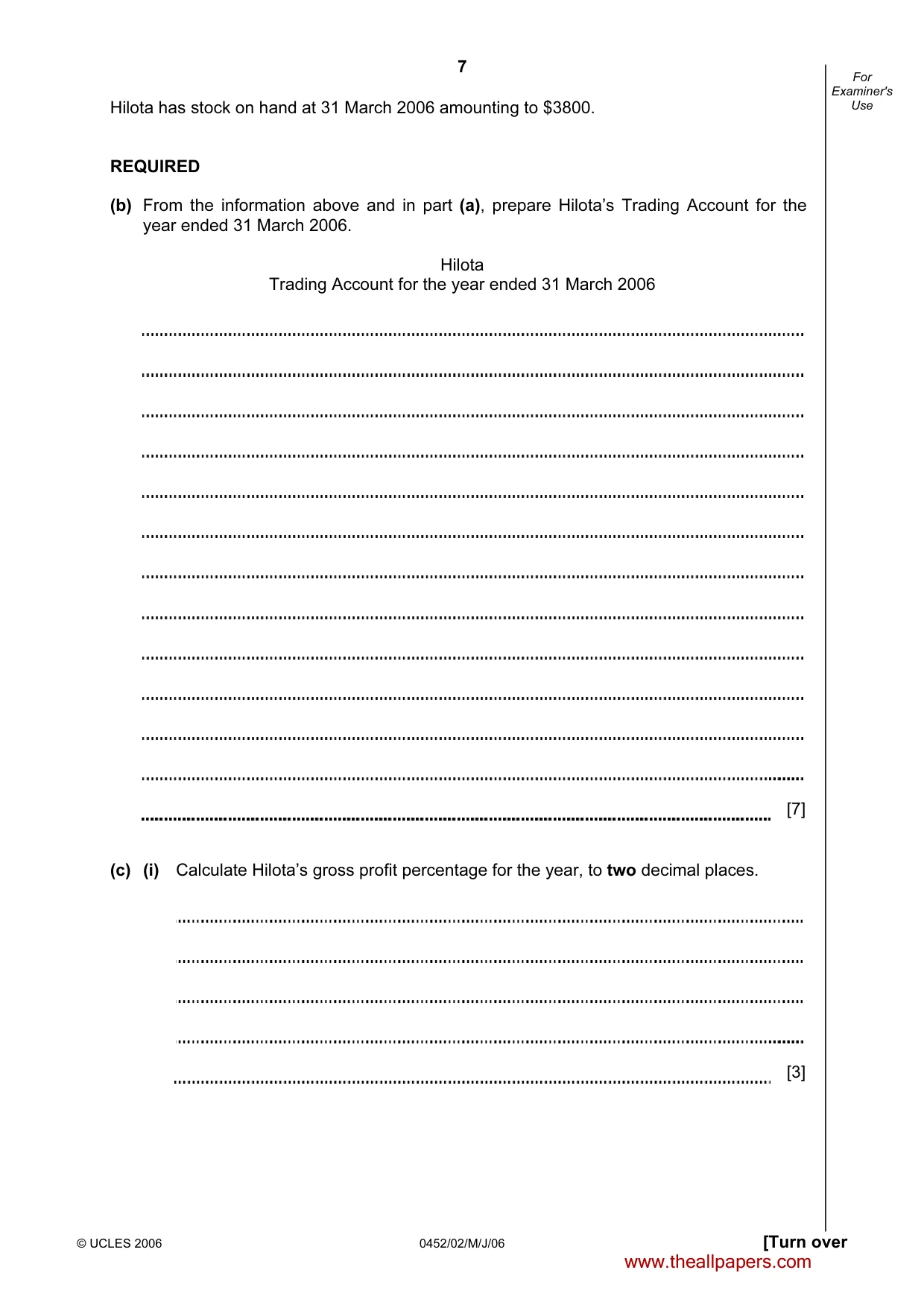 Cambridge IGCSE Accounting 0452 2006 May/June Paper 2 · Variant 1 question paper, page 7 of 12