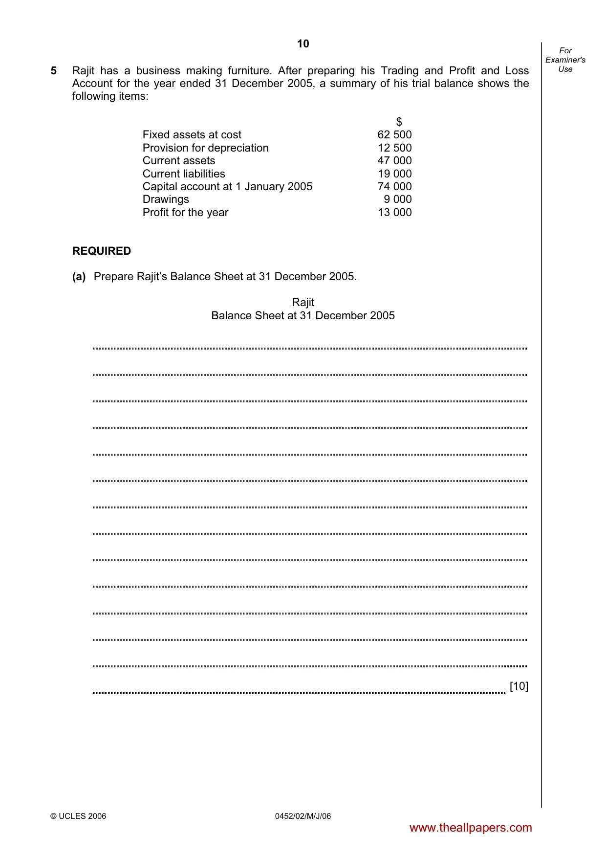 Cambridge IGCSE Accounting 0452 2006 May/June Paper 2 · Variant 1 question paper, page 10 of 12