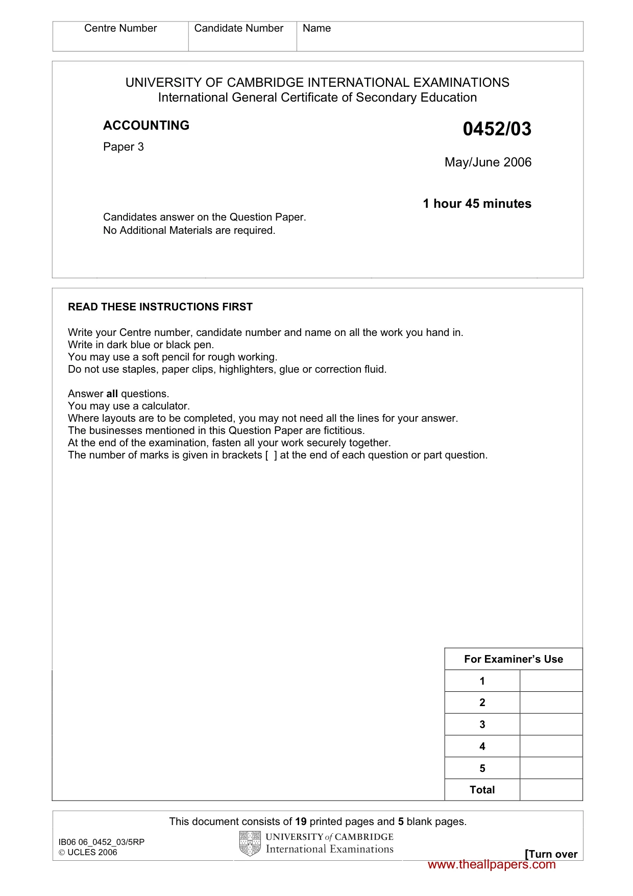 Cambridge IGCSE Accounting 0452 2006 May/June Paper 3 · Variant 1 question paper, page 1 of 24