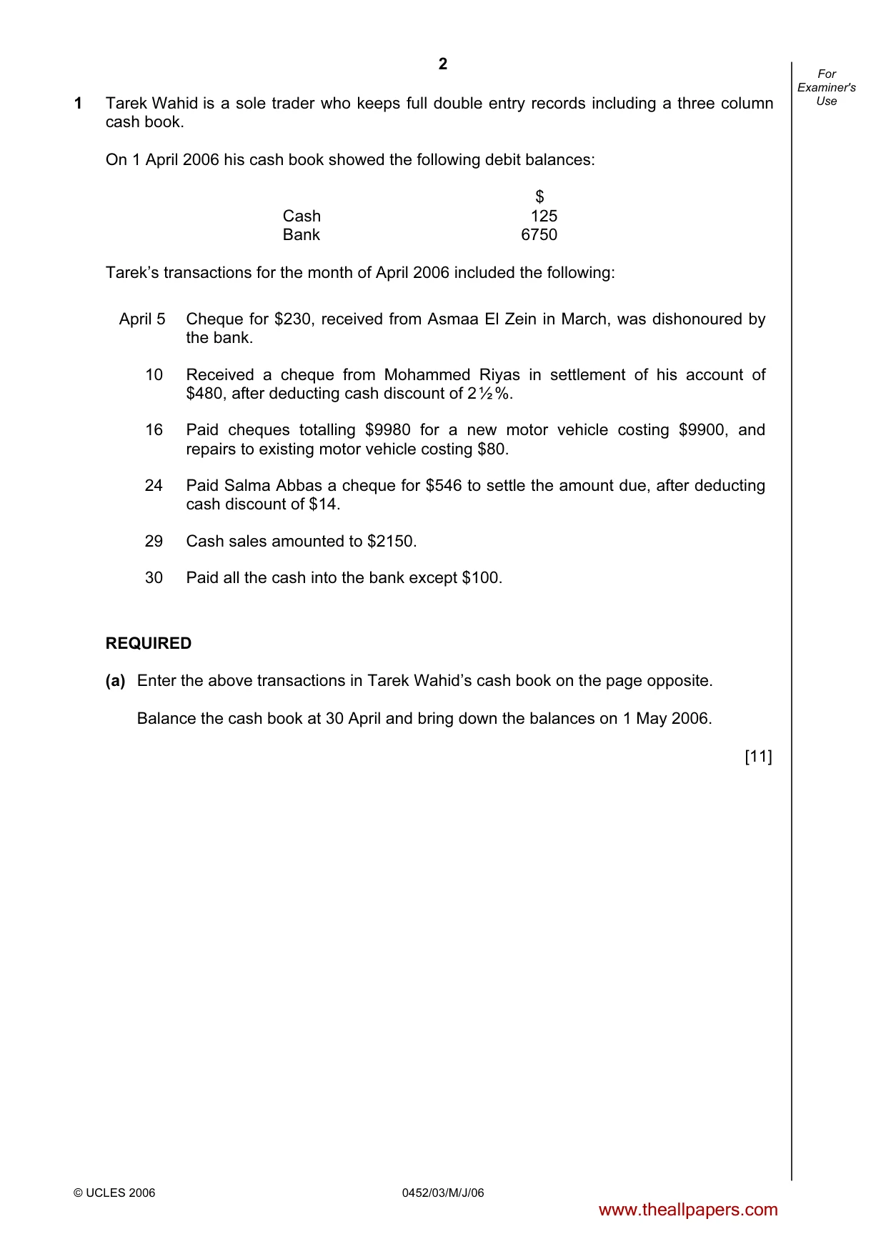 Cambridge IGCSE Accounting 0452 2006 May/June Paper 3 · Variant 1 question paper, page 2 of 24
