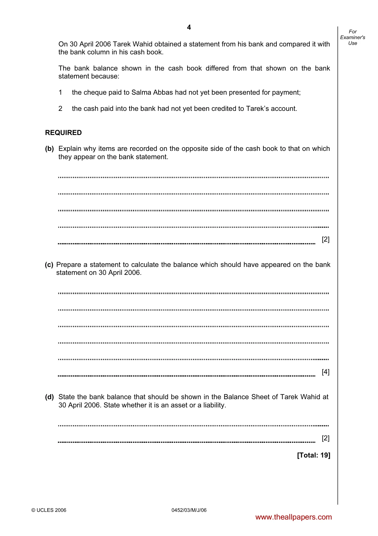 Cambridge IGCSE Accounting 0452 2006 May/June Paper 3 · Variant 1 question paper, page 4 of 24