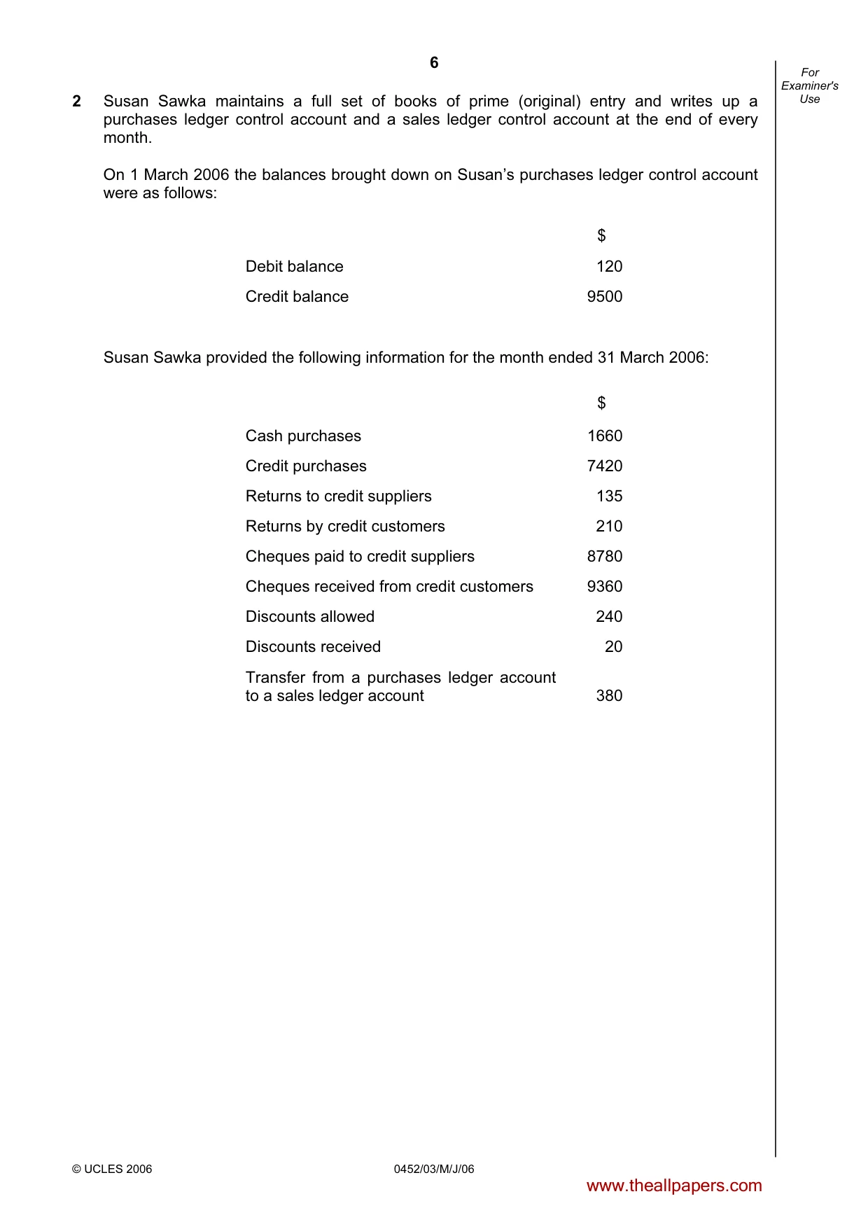 Cambridge IGCSE Accounting 0452 2006 May/June Paper 3 · Variant 1 question paper, page 6 of 24