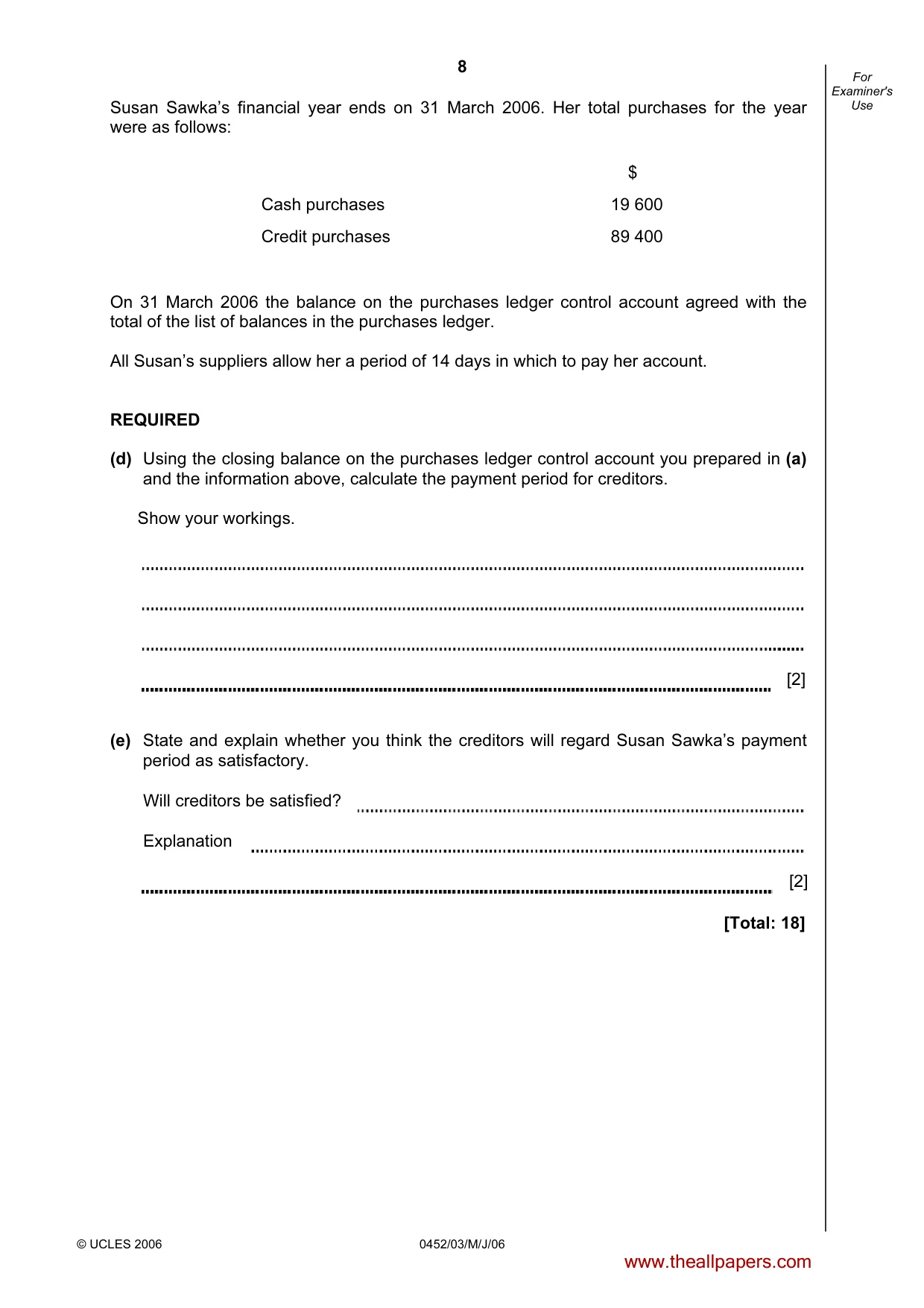 Cambridge IGCSE Accounting 0452 2006 May/June Paper 3 · Variant 1 question paper, page 8 of 24