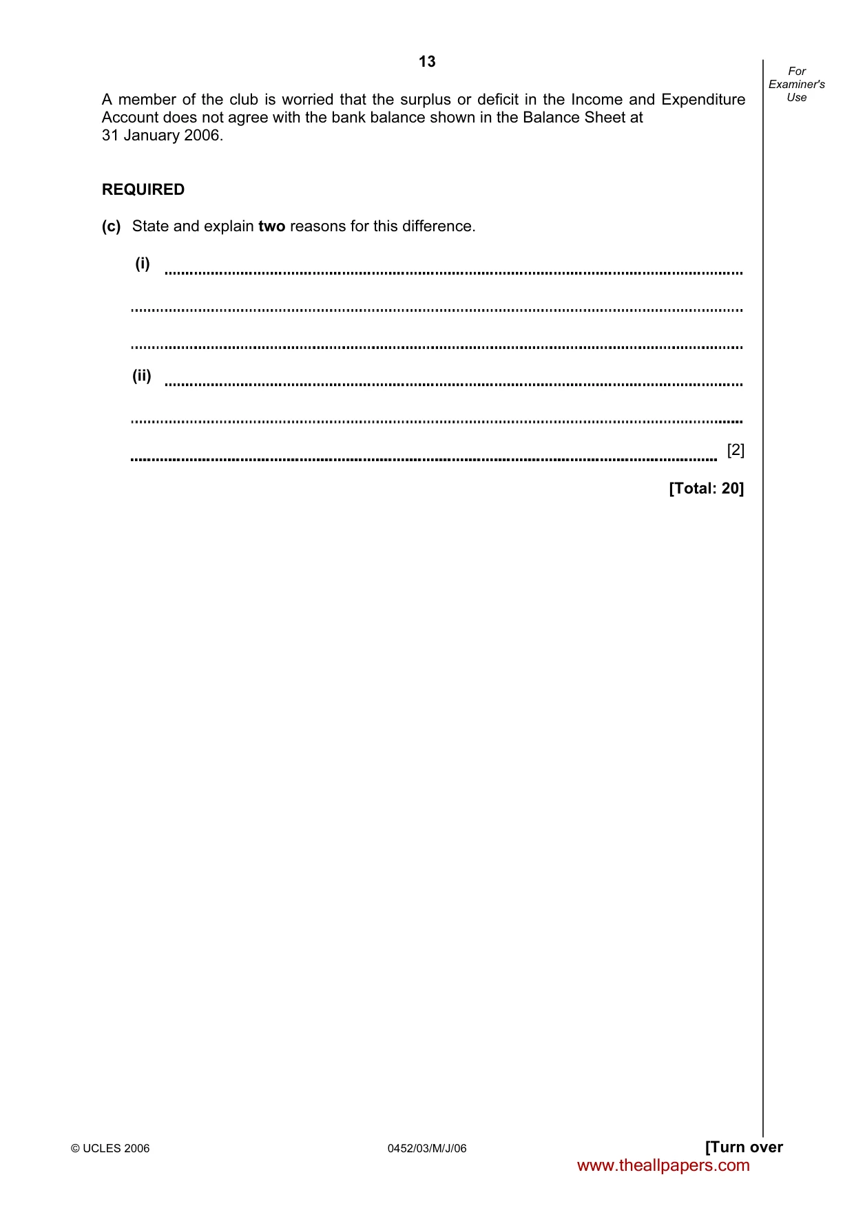 Cambridge IGCSE Accounting 0452 2006 May/June Paper 3 · Variant 1 question paper, page 13 of 24