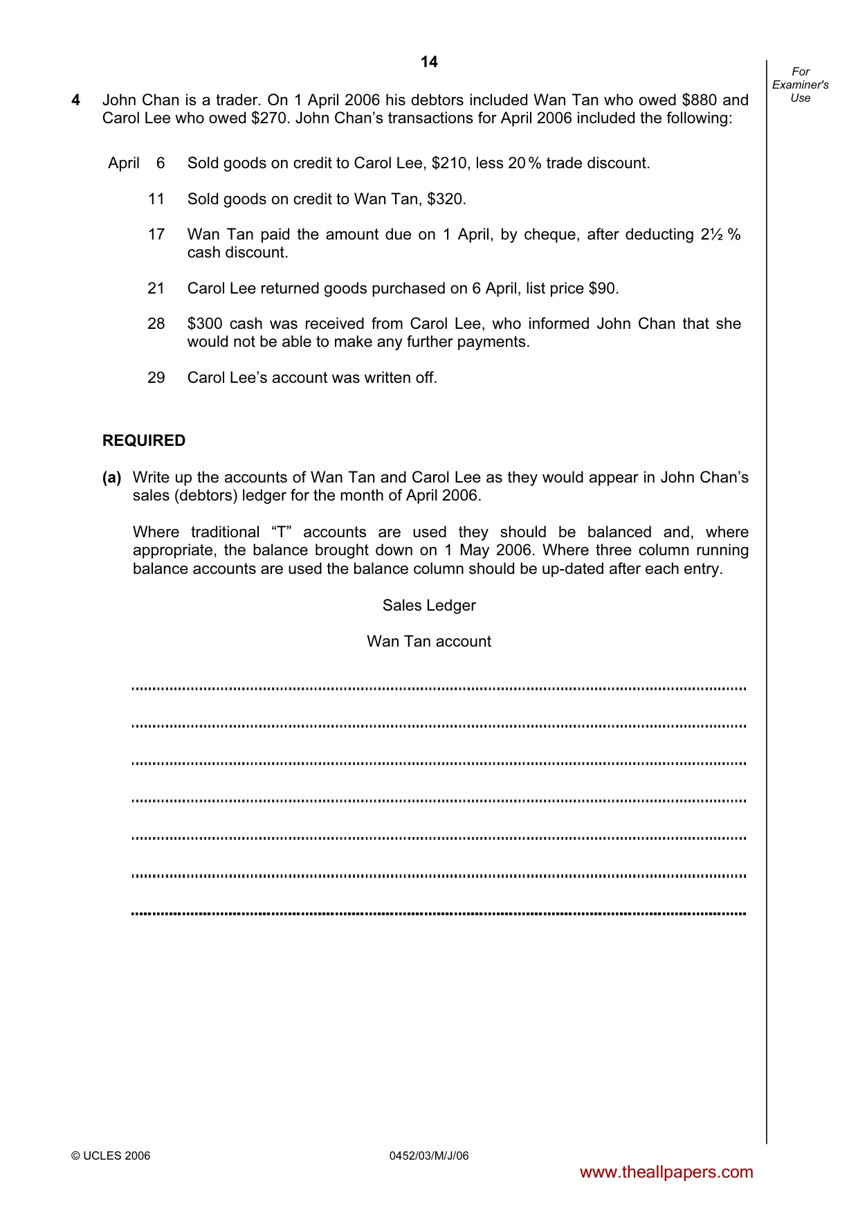 Cambridge IGCSE Accounting 0452 2006 May/June Paper 3 · Variant 1 question paper, page 14 of 24