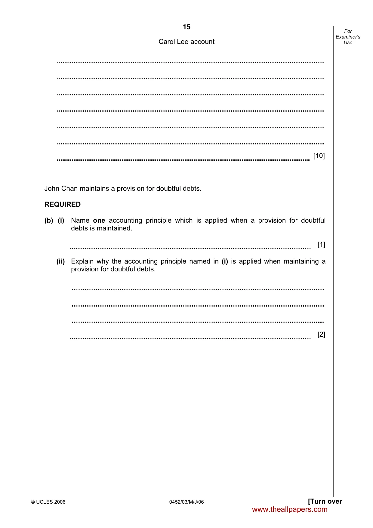 Cambridge IGCSE Accounting 0452 2006 May/June Paper 3 · Variant 1 question paper, page 15 of 24