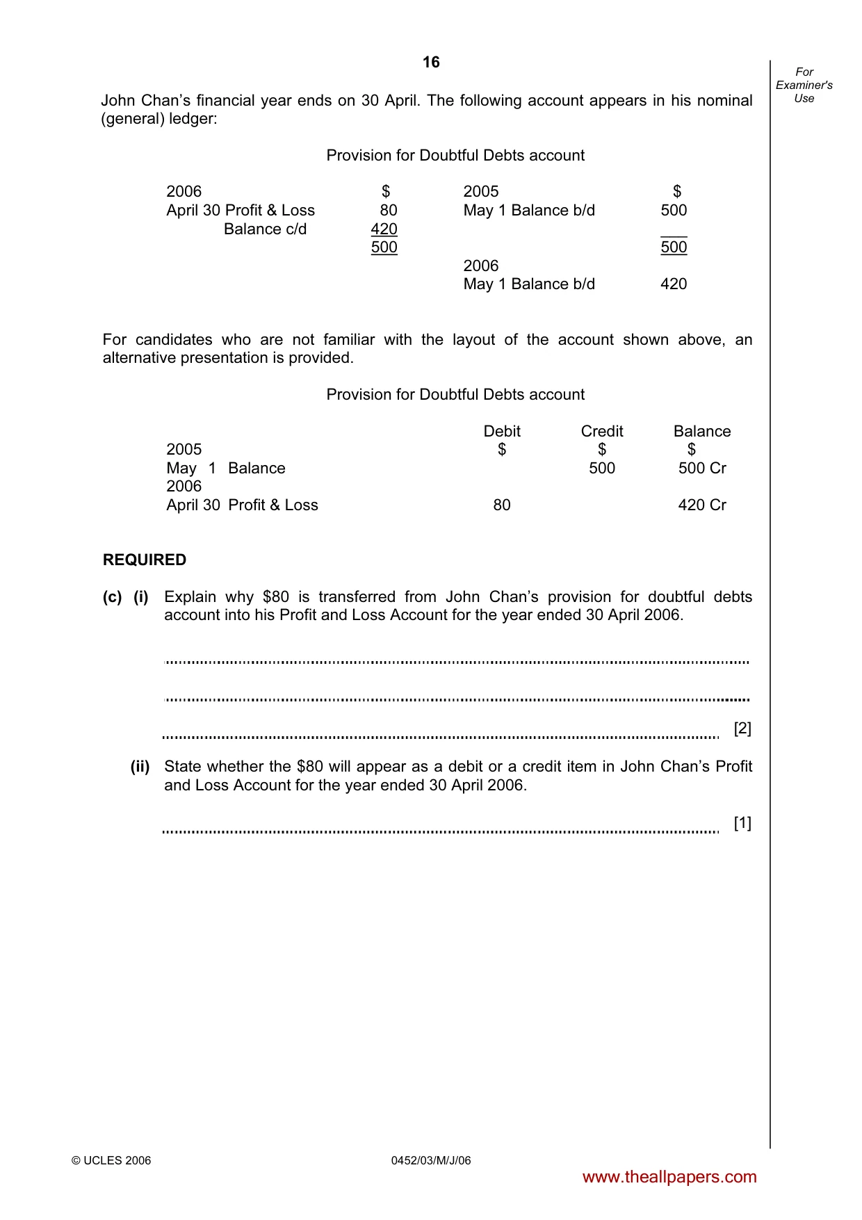Cambridge IGCSE Accounting 0452 2006 May/June Paper 3 · Variant 1 question paper, page 16 of 24