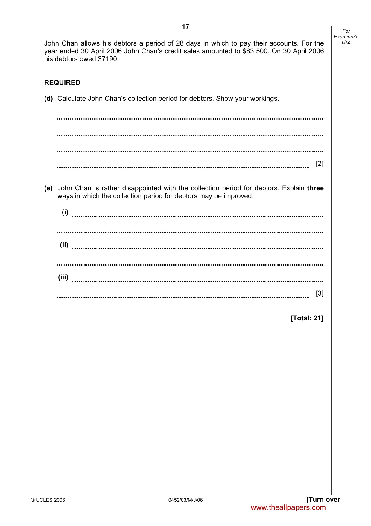 Cambridge IGCSE Accounting 0452 2006 May/June Paper 3 · Variant 1 question paper, page 17 of 24