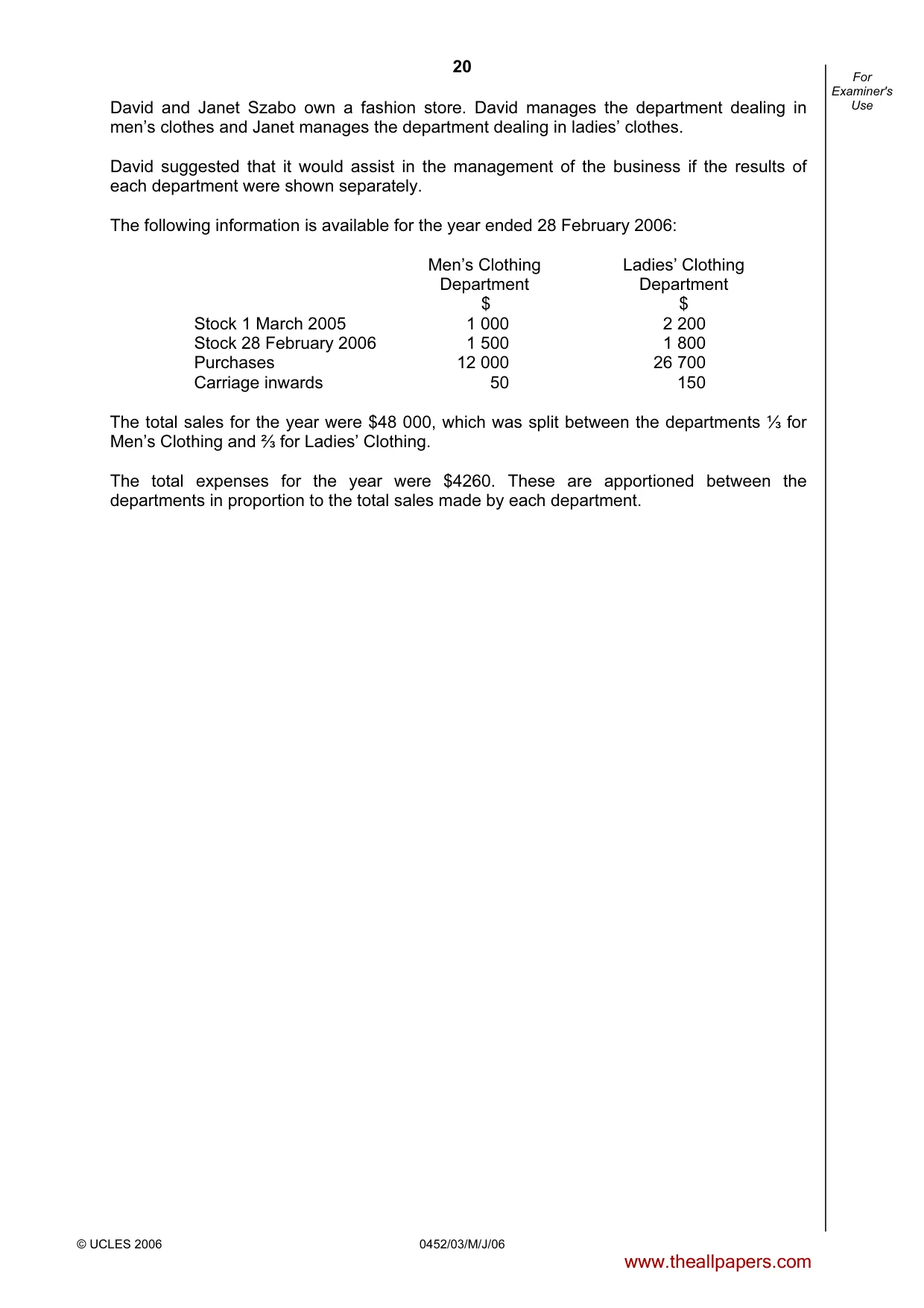 Cambridge IGCSE Accounting 0452 2006 May/June Paper 3 · Variant 1 question paper, page 20 of 24