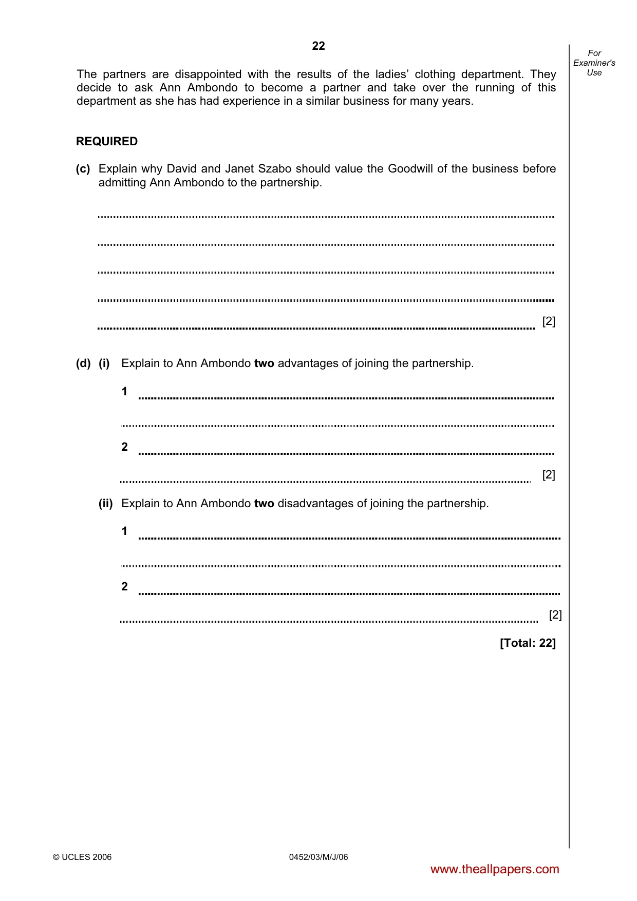 Cambridge IGCSE Accounting 0452 2006 May/June Paper 3 · Variant 1 question paper, page 22 of 24
