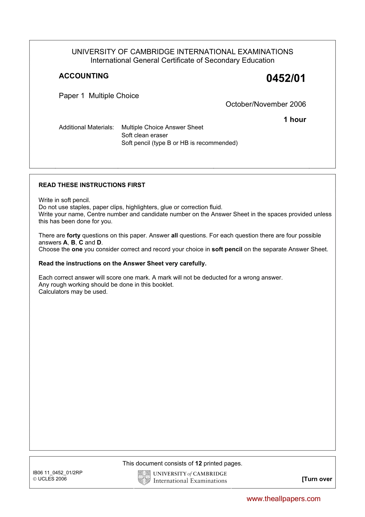 Cambridge IGCSE Accounting 0452 2006 Oct/Nov Paper 1 · Variant 1 question paper, page 1 of 12