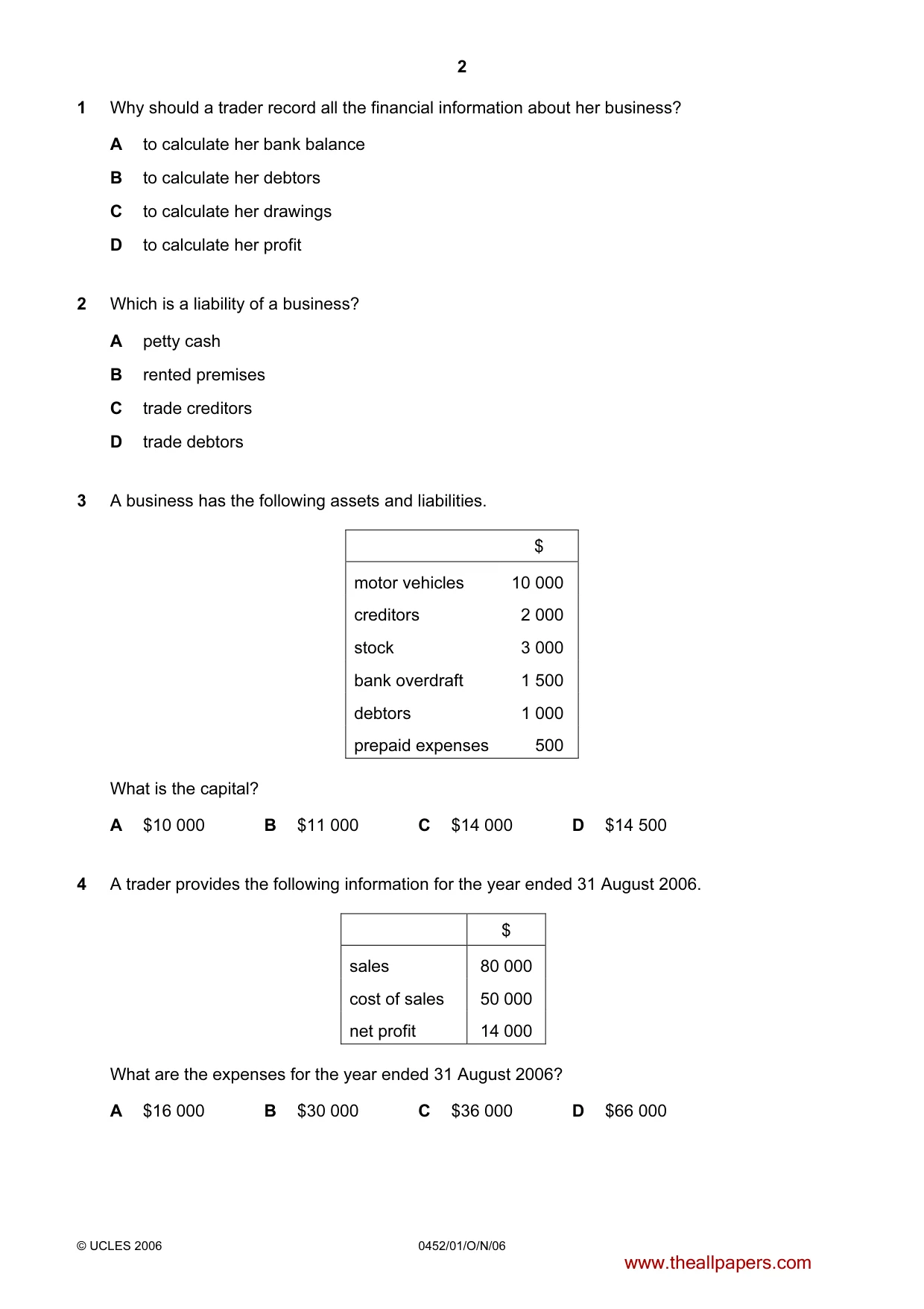 Cambridge IGCSE Accounting 0452 2006 Oct/Nov Paper 1 · Variant 1 question paper, page 2 of 12