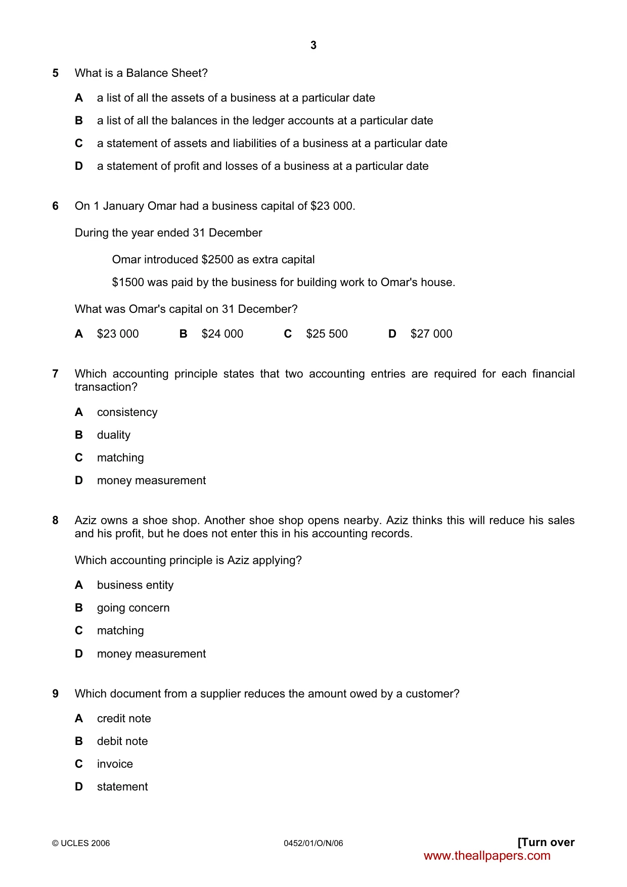 Cambridge IGCSE Accounting 0452 2006 Oct/Nov Paper 1 · Variant 1 question paper, page 3 of 12
