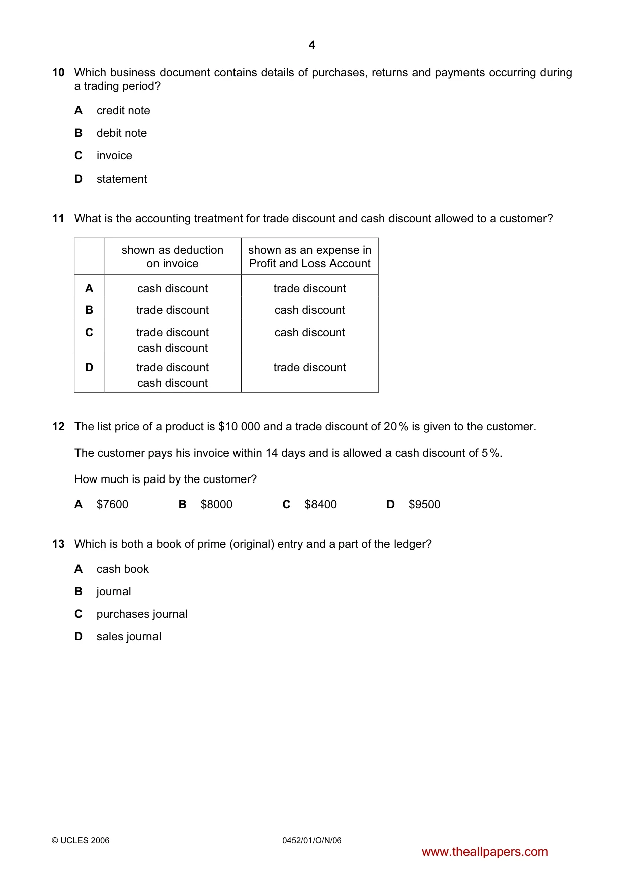 Cambridge IGCSE Accounting 0452 2006 Oct/Nov Paper 1 · Variant 1 question paper, page 4 of 12