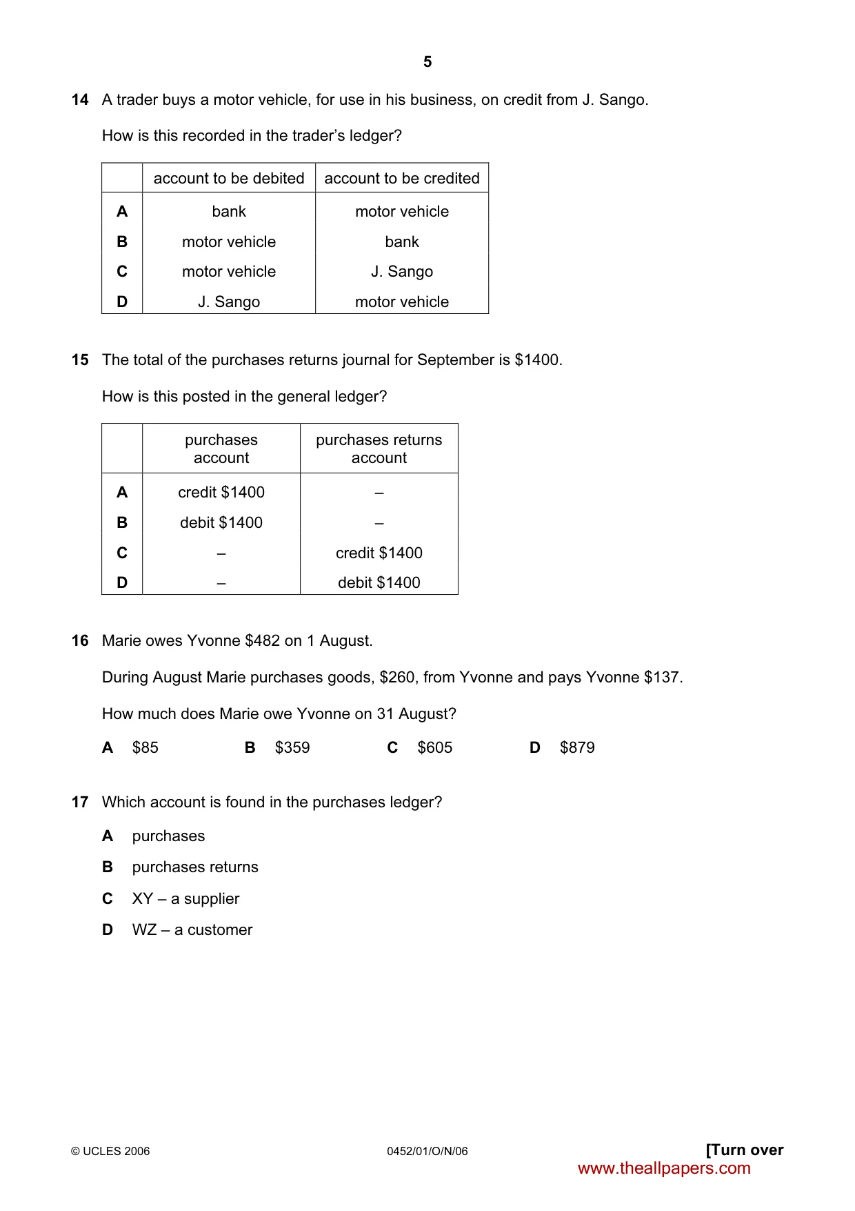 Cambridge IGCSE Accounting 0452 2006 Oct/Nov Paper 1 · Variant 1 question paper, page 5 of 12