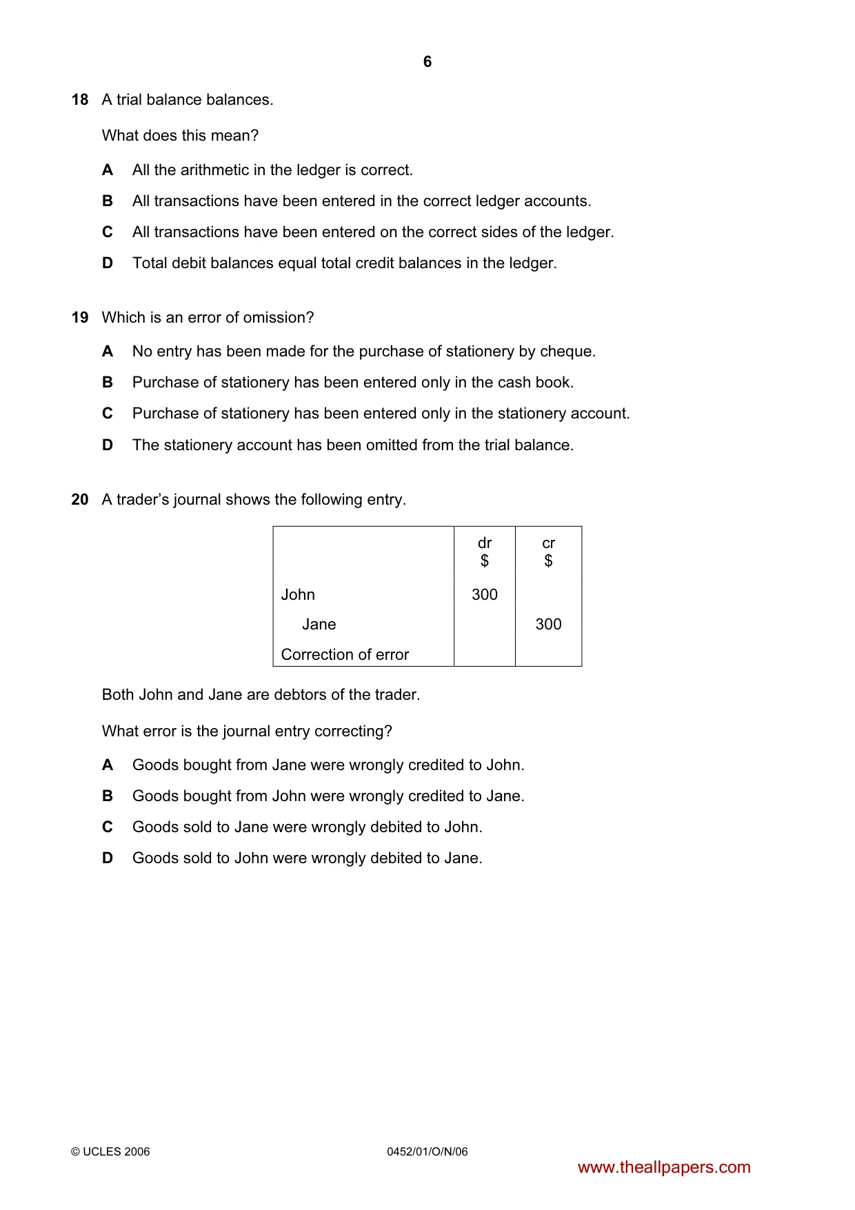 Cambridge IGCSE Accounting 0452 2006 Oct/Nov Paper 1 · Variant 1 question paper, page 6 of 12