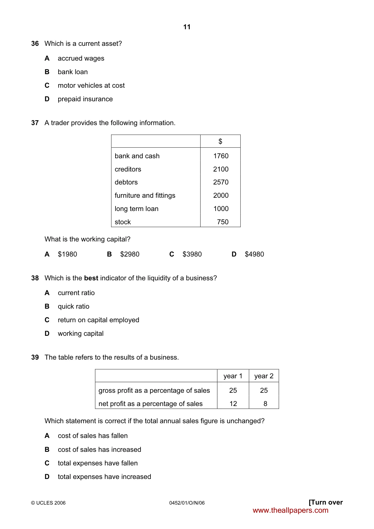 Cambridge IGCSE Accounting 0452 2006 Oct/Nov Paper 1 · Variant 1 question paper, page 11 of 12