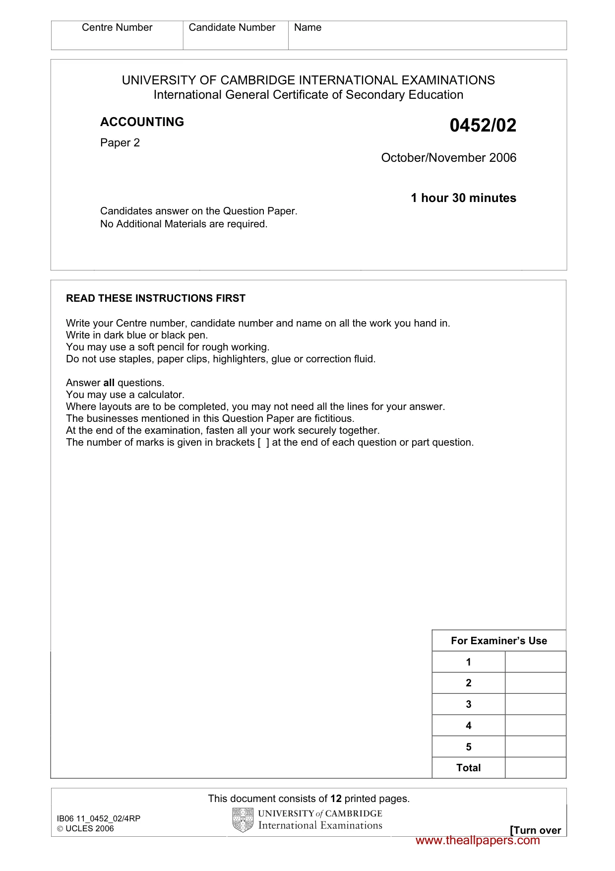 Cambridge IGCSE Accounting 0452 2006 Oct/Nov Paper 2 · Variant 1 question paper, page 1 of 12