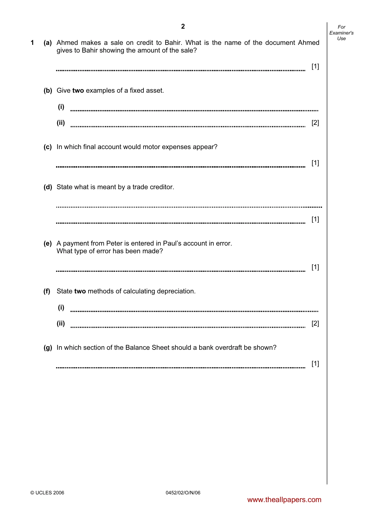 Cambridge IGCSE Accounting 0452 2006 Oct/Nov Paper 2 · Variant 1 question paper, page 2 of 12