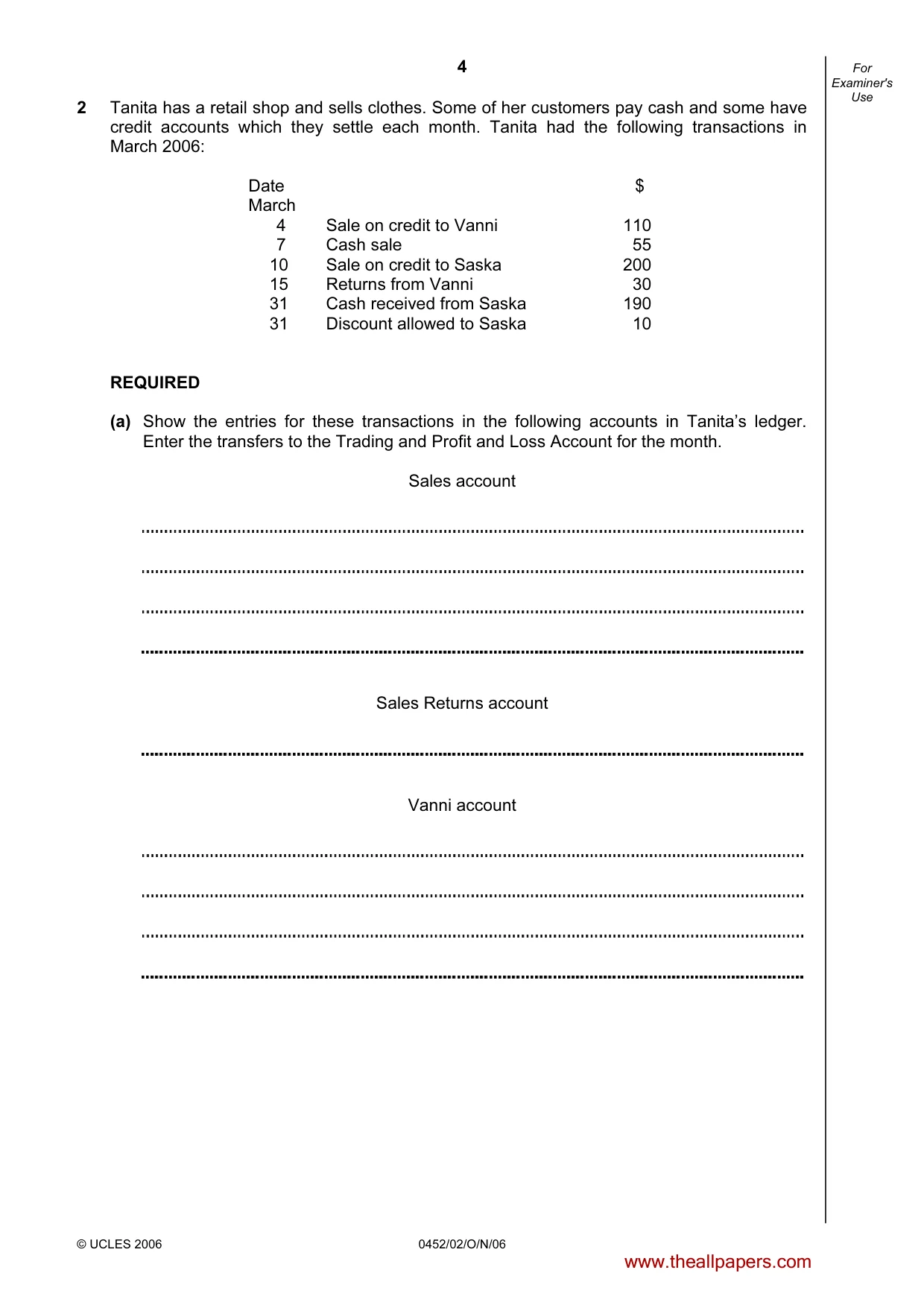 Cambridge IGCSE Accounting 0452 2006 Oct/Nov Paper 2 · Variant 1 question paper, page 4 of 12