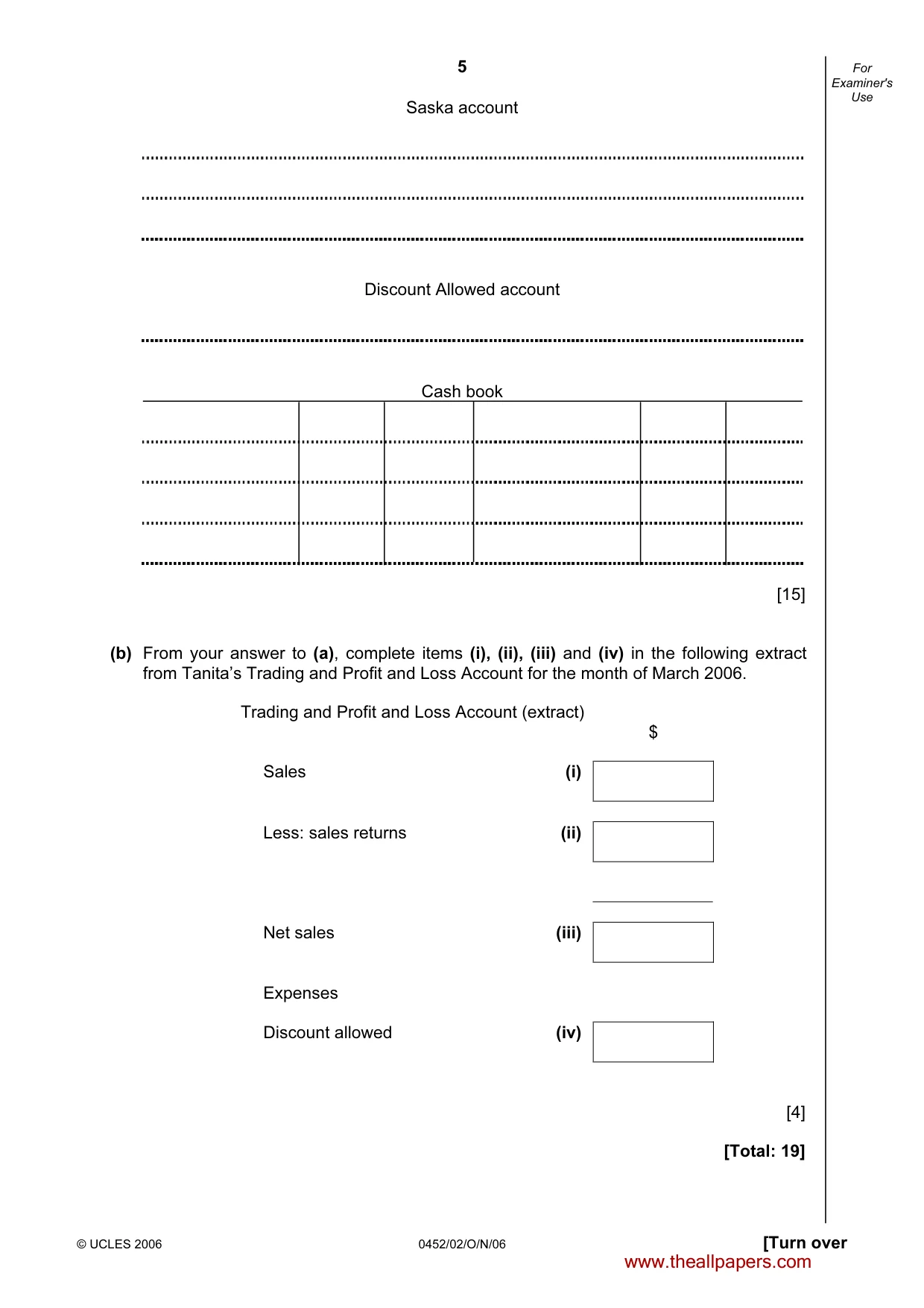 Cambridge IGCSE Accounting 0452 2006 Oct/Nov Paper 2 · Variant 1 question paper, page 5 of 12