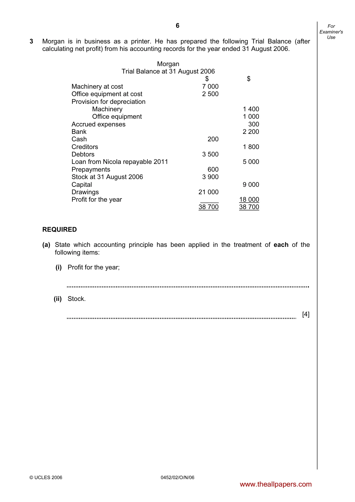 Cambridge IGCSE Accounting 0452 2006 Oct/Nov Paper 2 · Variant 1 question paper, page 6 of 12