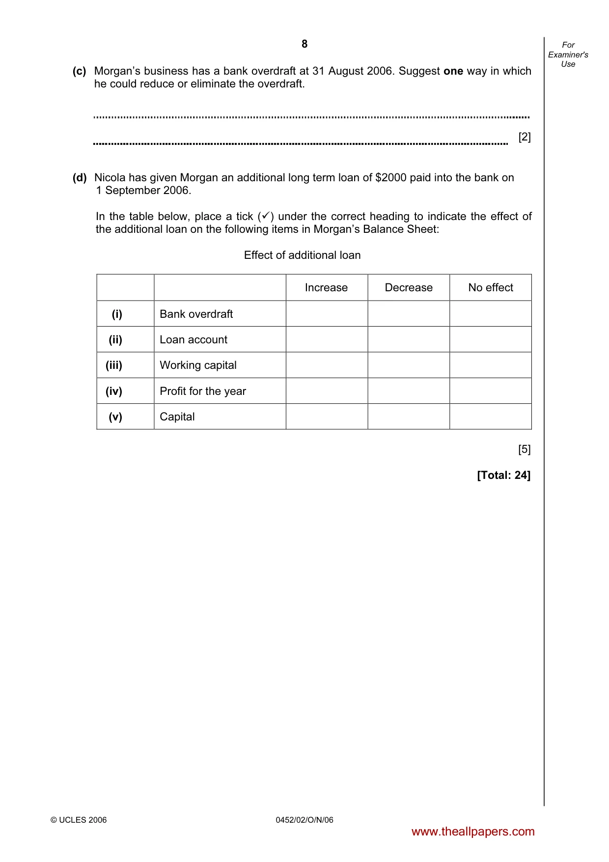 Cambridge IGCSE Accounting 0452 2006 Oct/Nov Paper 2 · Variant 1 question paper, page 8 of 12