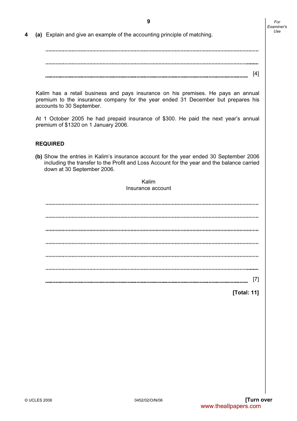 Cambridge IGCSE Accounting 0452 2006 Oct/Nov Paper 2 · Variant 1 question paper, page 9 of 12