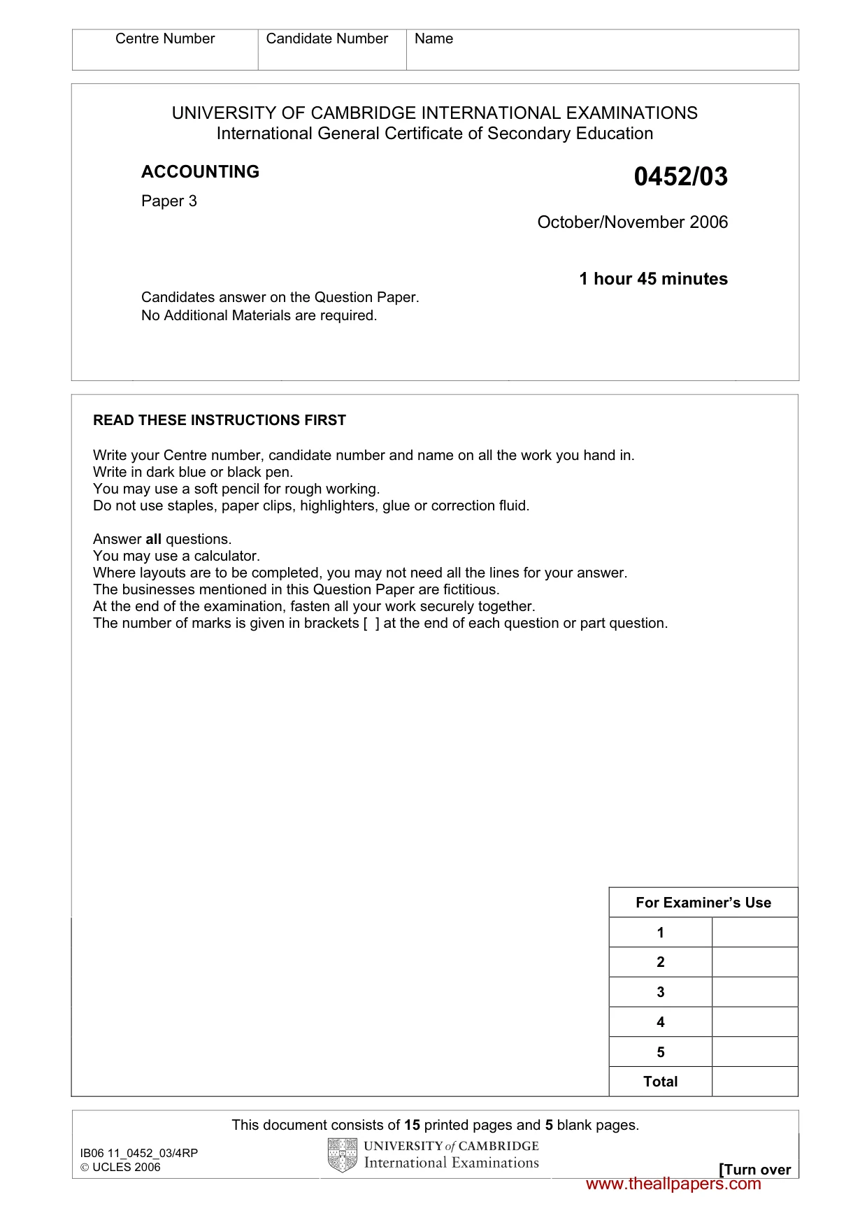 Cambridge IGCSE Accounting 0452 2006 Oct/Nov Paper 3 · Variant 1 question paper, page 1 of 20