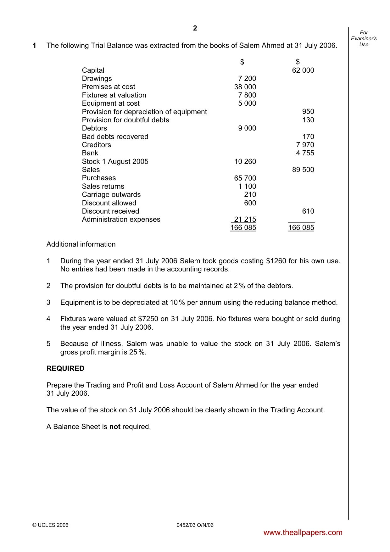 Cambridge IGCSE Accounting 0452 2006 Oct/Nov Paper 3 · Variant 1 question paper, page 2 of 20