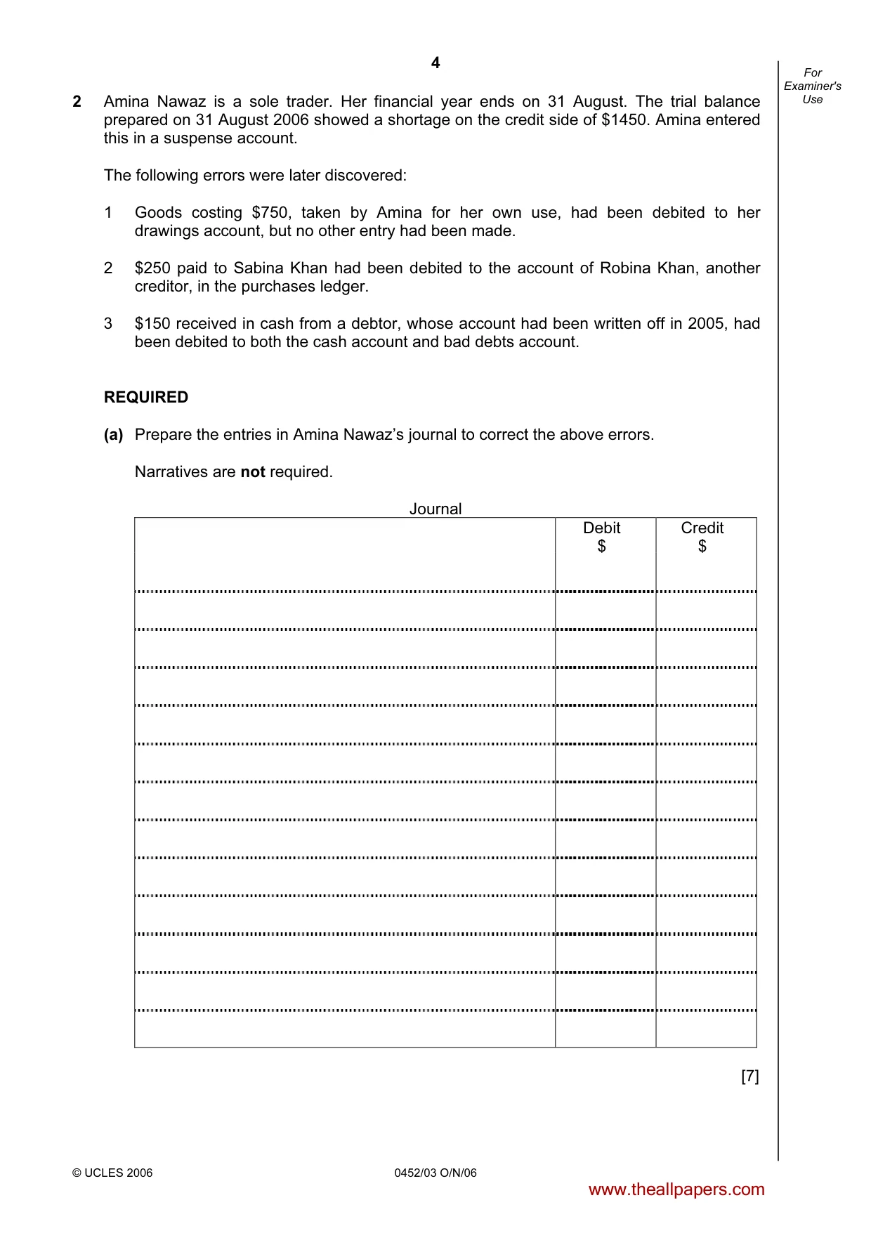 Cambridge IGCSE Accounting 0452 2006 Oct/Nov Paper 3 · Variant 1 question paper, page 4 of 20