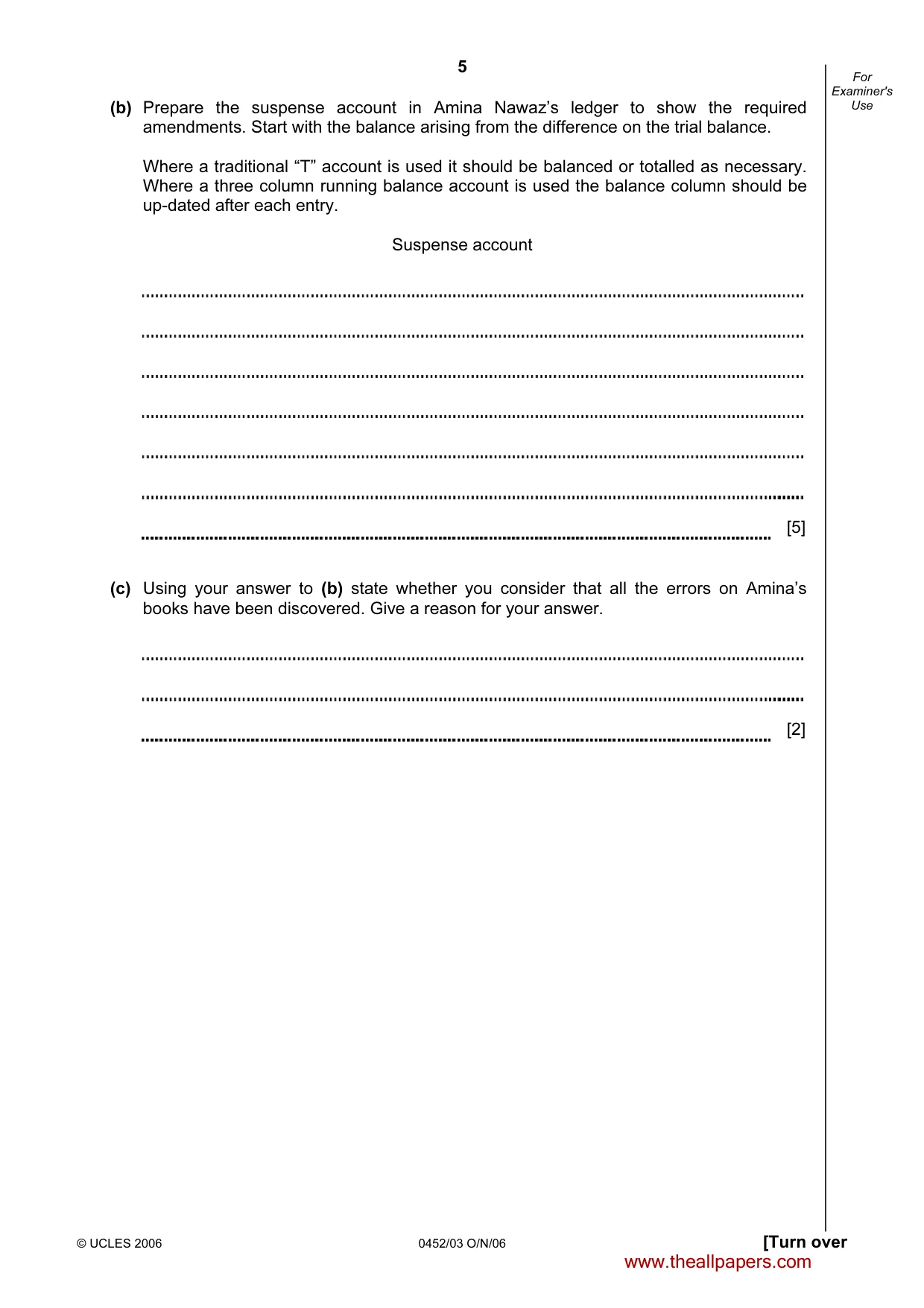 Cambridge IGCSE Accounting 0452 2006 Oct/Nov Paper 3 · Variant 1 question paper, page 5 of 20