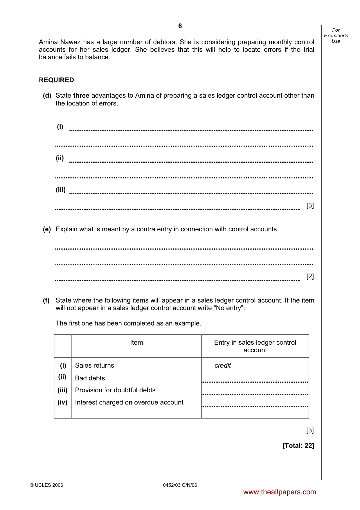 Cambridge IGCSE Accounting 0452 2006 Oct/Nov Paper 3 · Variant 1 question paper, page 6 of 20