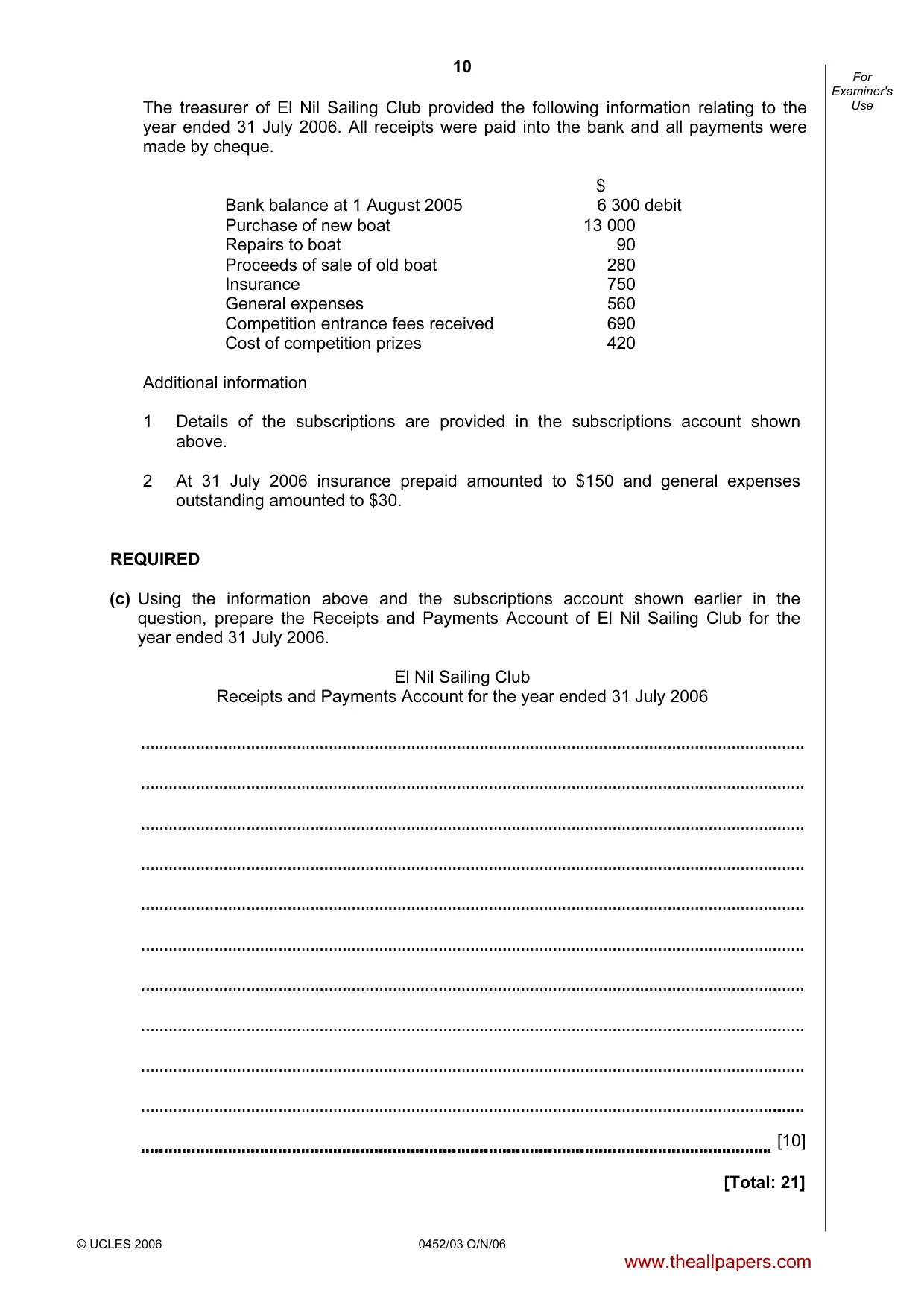 Cambridge IGCSE Accounting 0452 2006 Oct/Nov Paper 3 · Variant 1 question paper, page 10 of 20