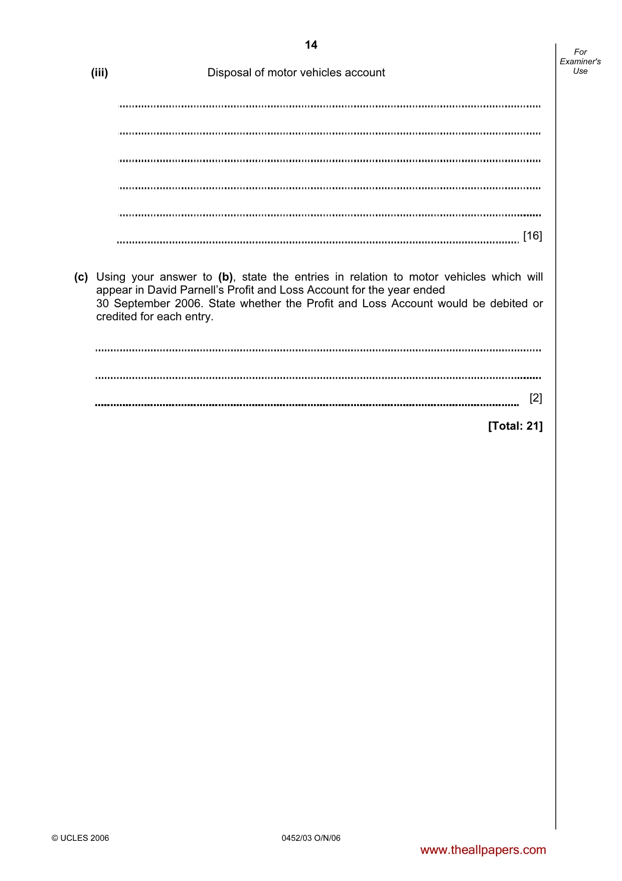 Cambridge IGCSE Accounting 0452 2006 Oct/Nov Paper 3 · Variant 1 question paper, page 14 of 20