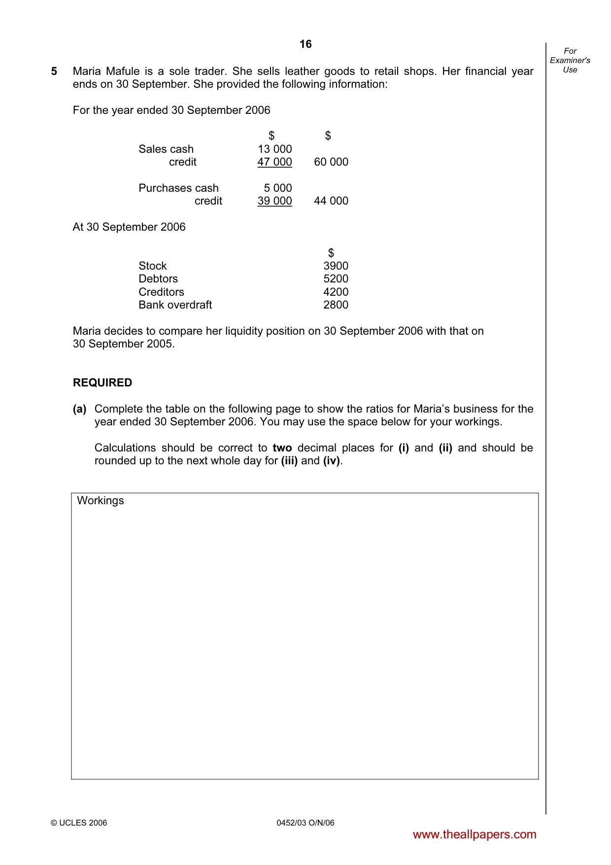 Cambridge IGCSE Accounting 0452 2006 Oct/Nov Paper 3 · Variant 1 question paper, page 16 of 20