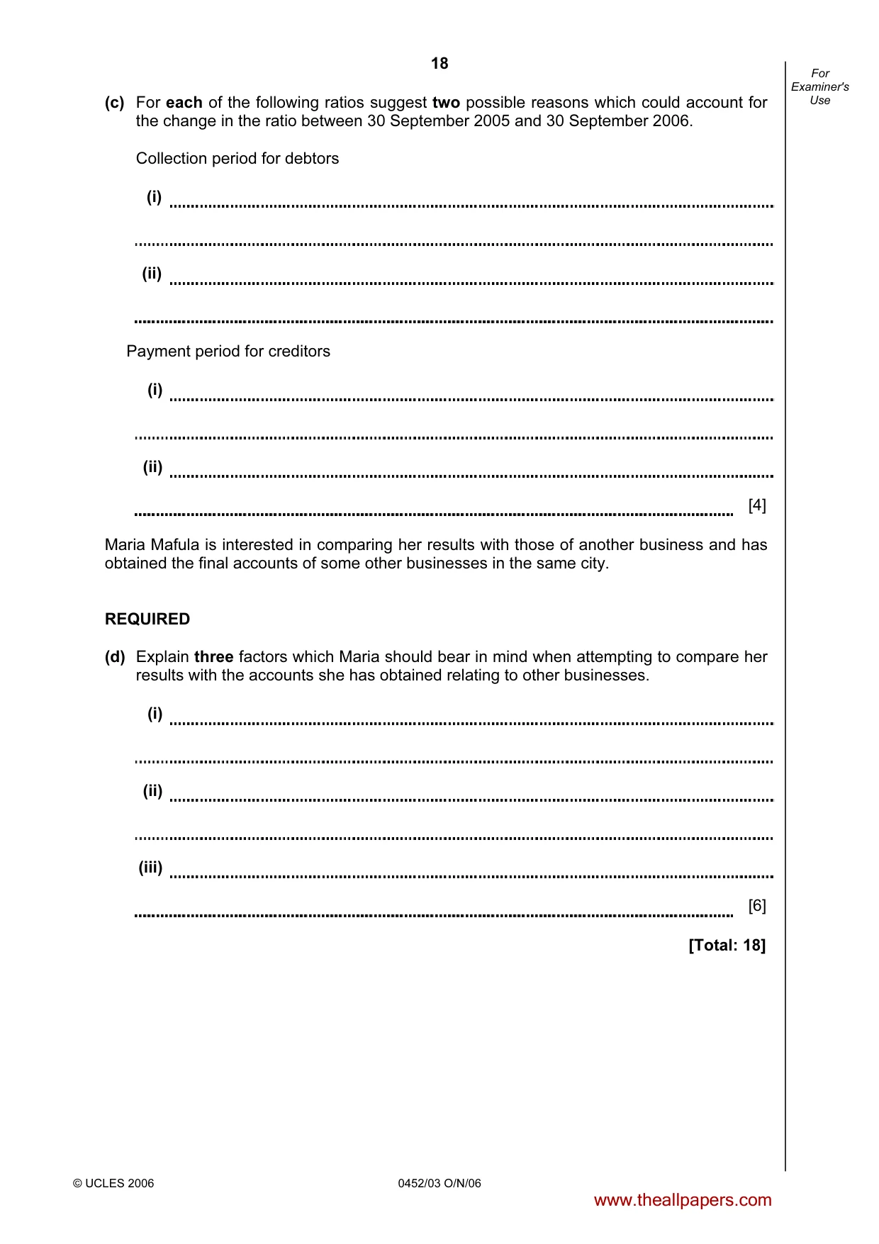 Cambridge IGCSE Accounting 0452 2006 Oct/Nov Paper 3 · Variant 1 question paper, page 18 of 20