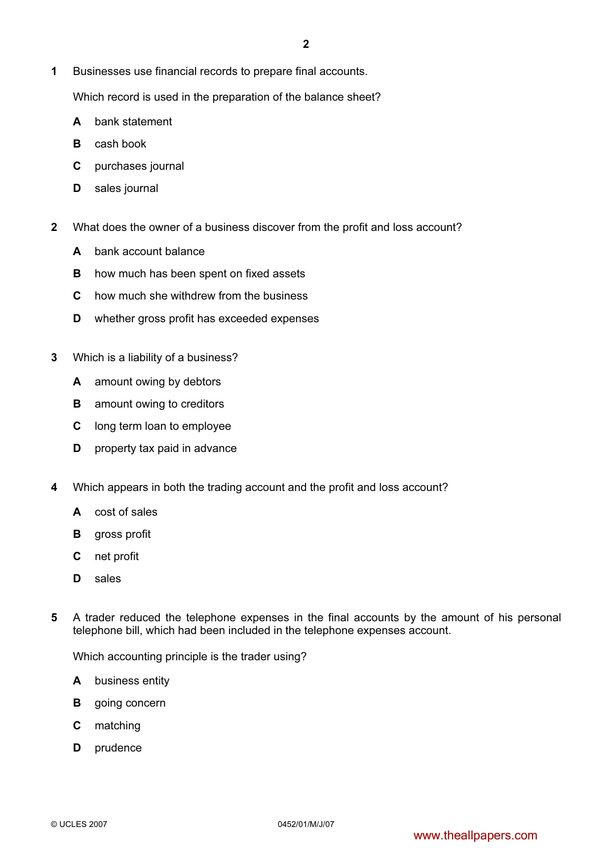 Cambridge IGCSE Accounting 0452 2007 May/June Paper 1 · Variant 1 question paper, page 2 of 12