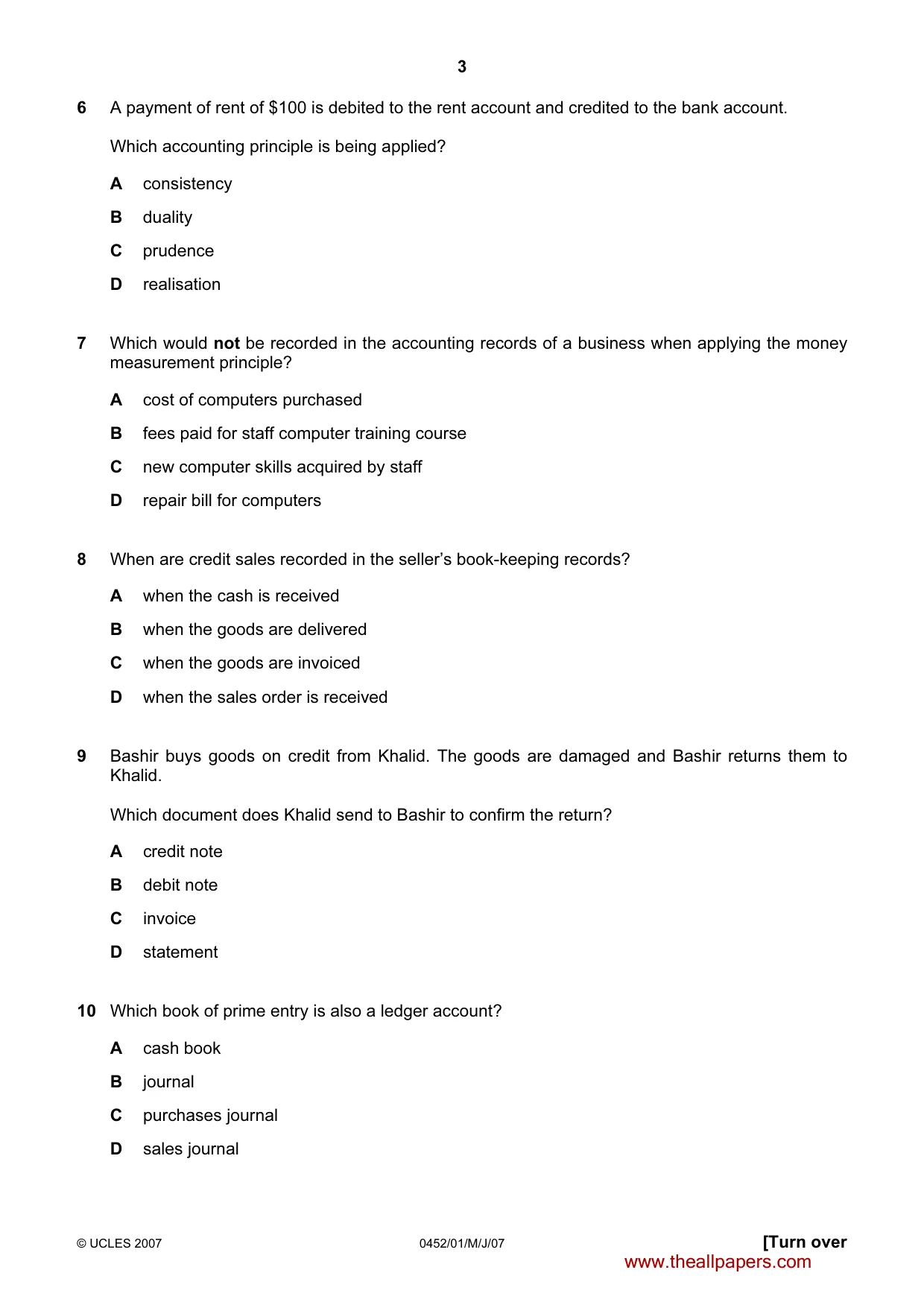 Cambridge IGCSE Accounting 0452 2007 May/June Paper 1 · Variant 1 question paper, page 3 of 12