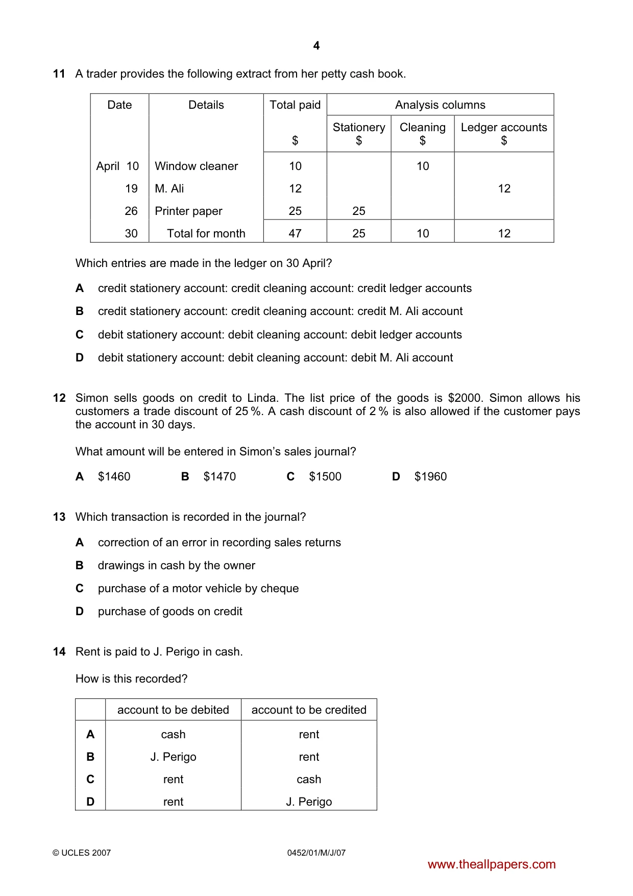 Cambridge IGCSE Accounting 0452 2007 May/June Paper 1 · Variant 1 question paper, page 4 of 12