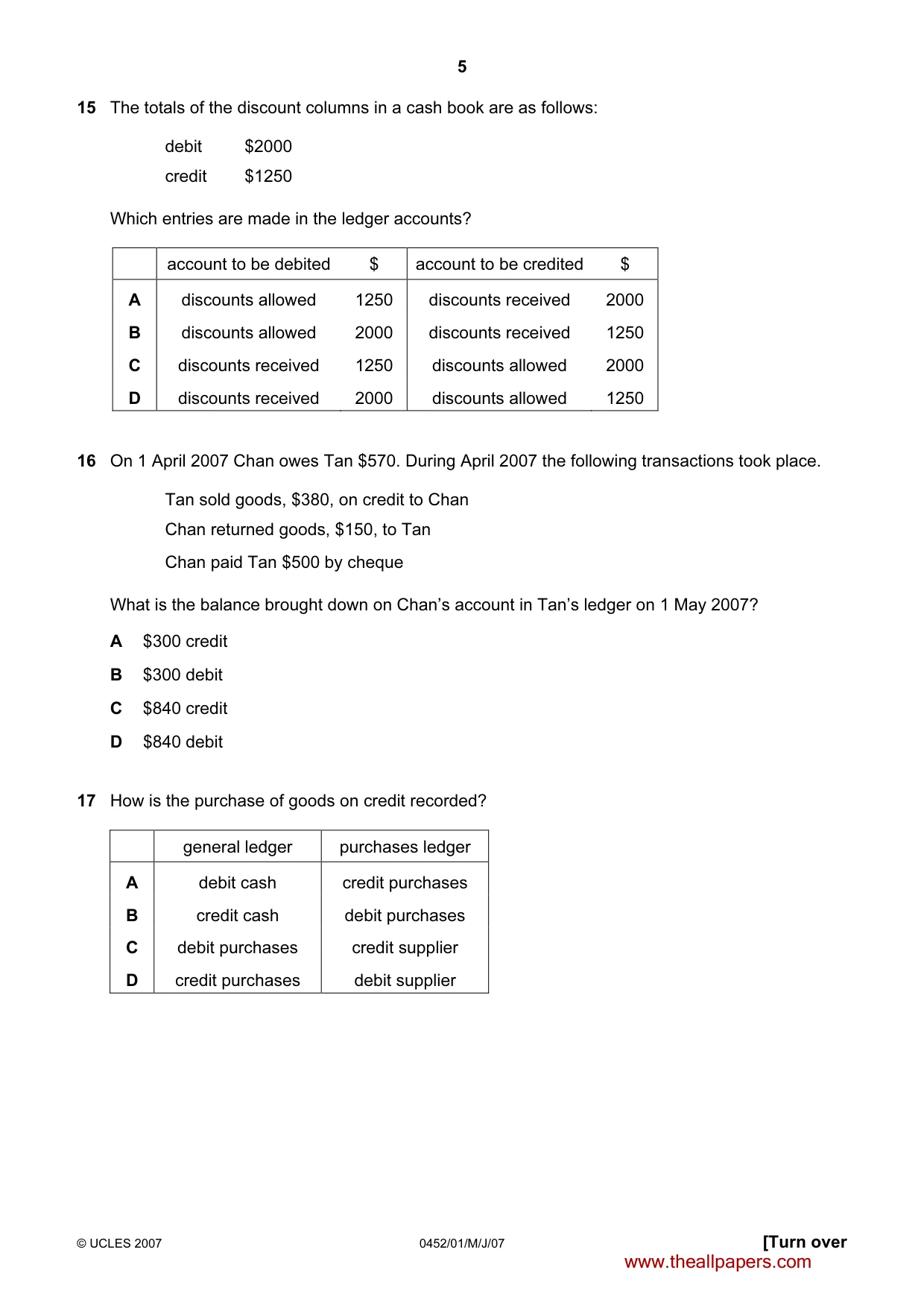 Cambridge IGCSE Accounting 0452 2007 May/June Paper 1 · Variant 1 question paper, page 5 of 12