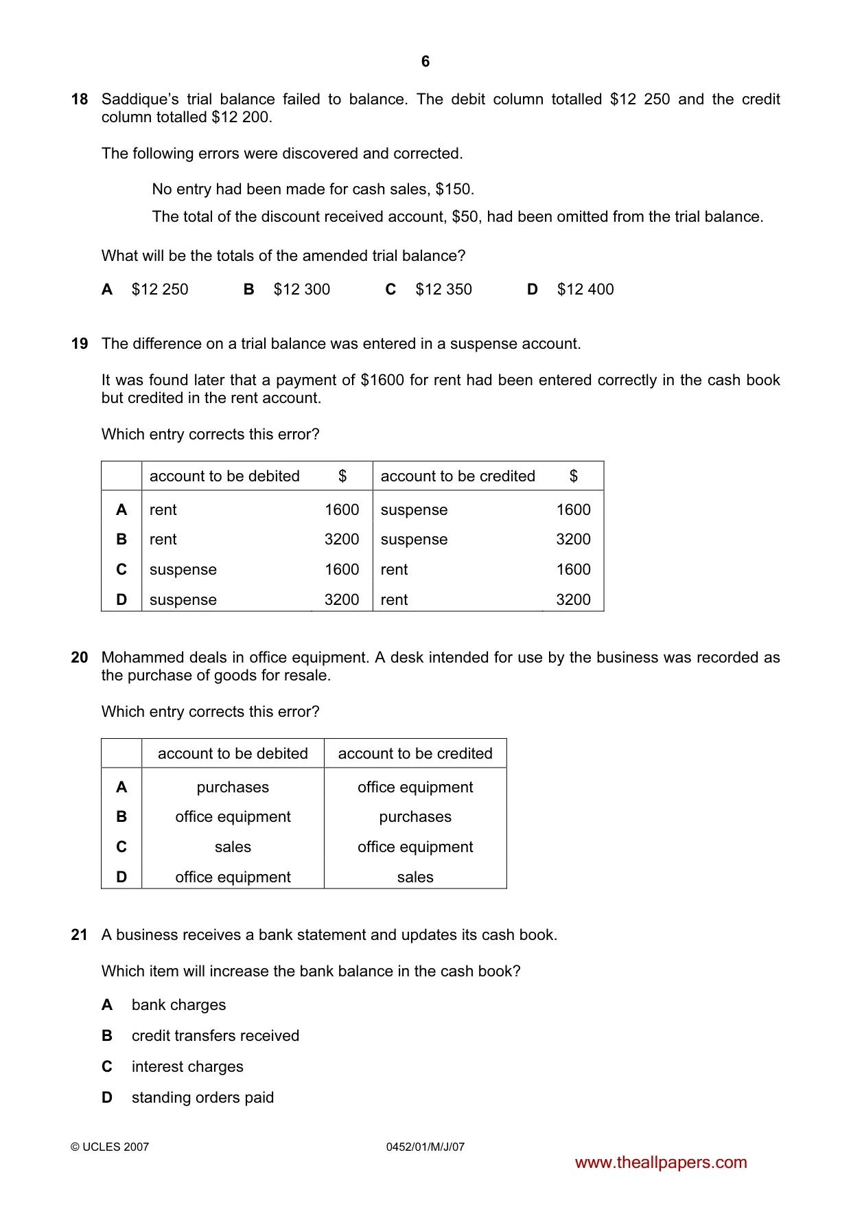 Cambridge IGCSE Accounting 0452 2007 May/June Paper 1 · Variant 1 question paper, page 6 of 12