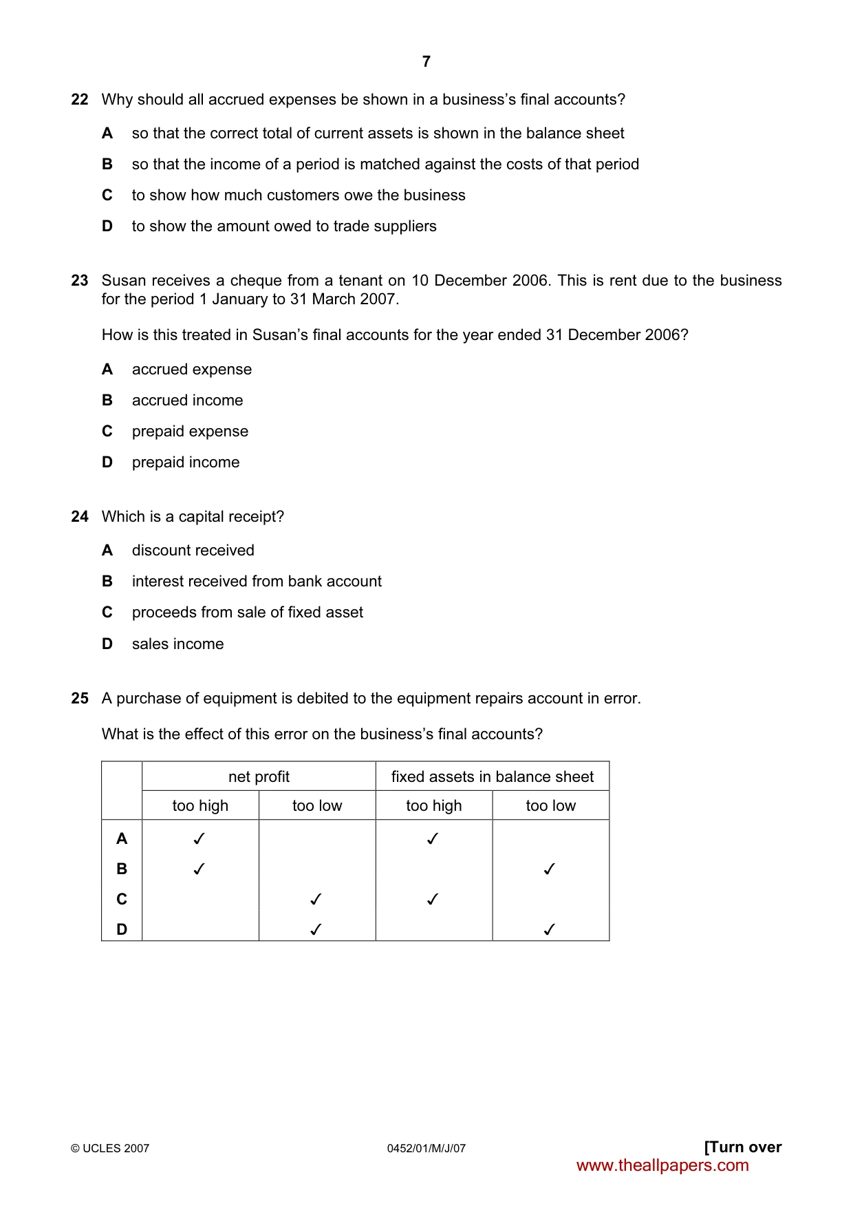 Cambridge IGCSE Accounting 0452 2007 May/June Paper 1 · Variant 1 question paper, page 7 of 12