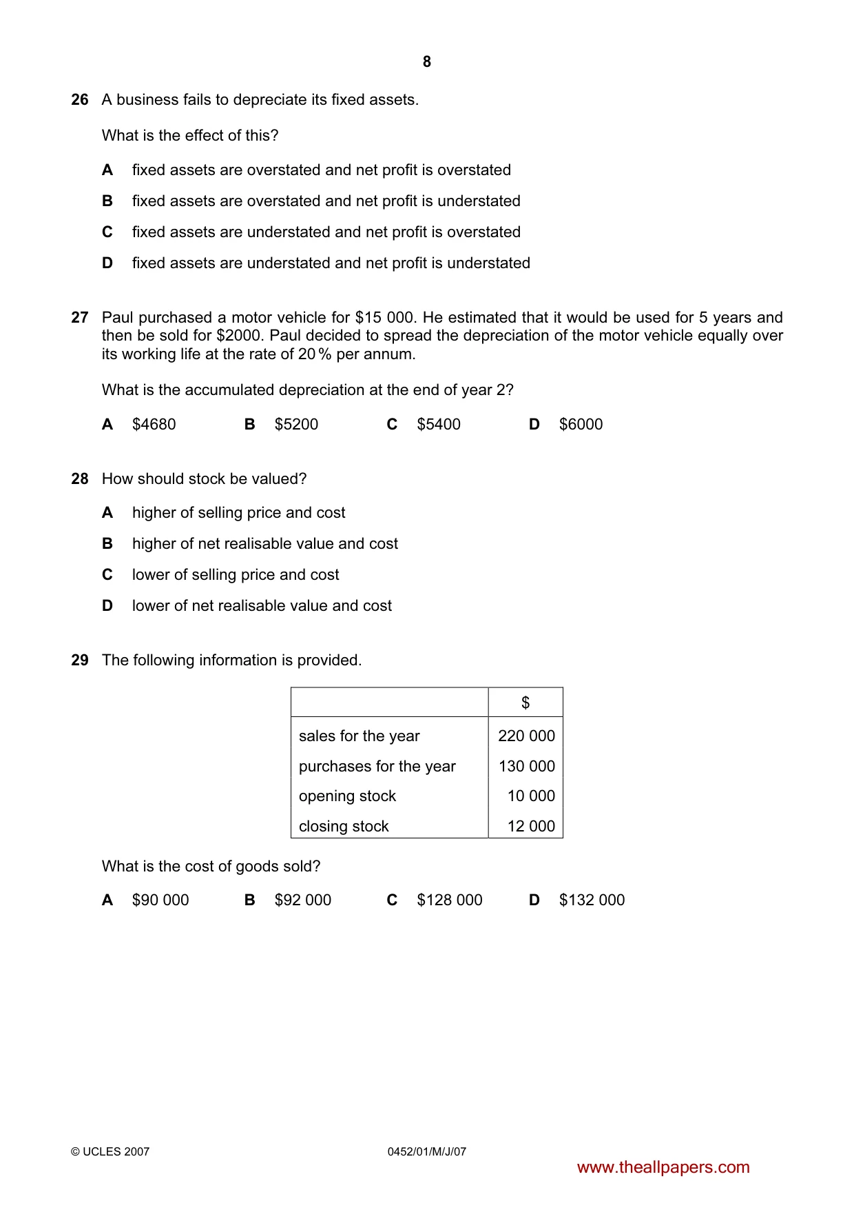 Cambridge IGCSE Accounting 0452 2007 May/June Paper 1 · Variant 1 question paper, page 8 of 12