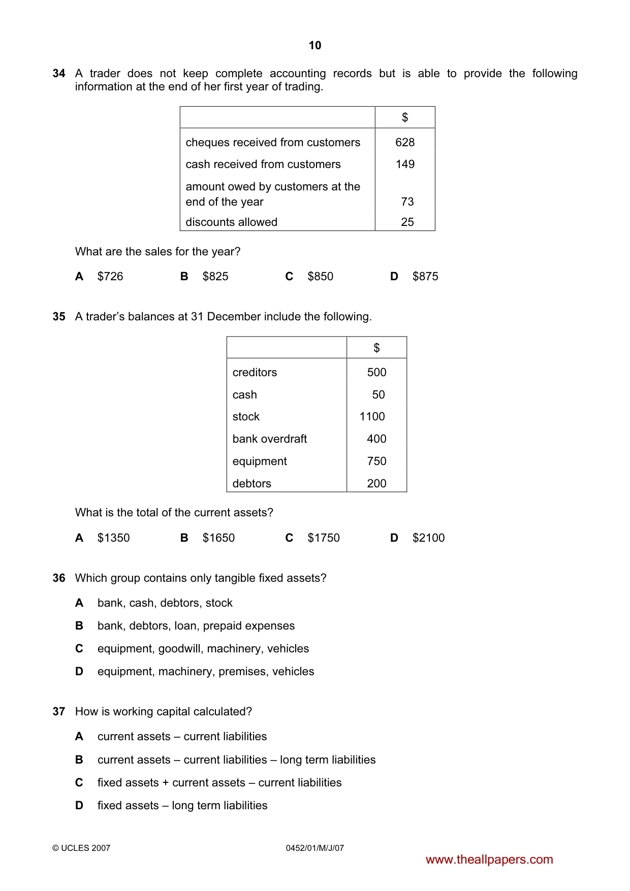 Cambridge IGCSE Accounting 0452 2007 May/June Paper 1 · Variant 1 question paper, page 10 of 12