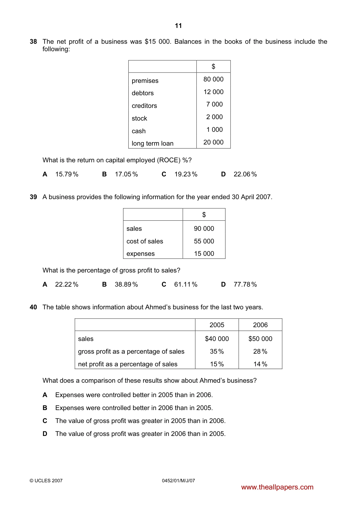 Cambridge IGCSE Accounting 0452 2007 May/June Paper 1 · Variant 1 question paper, page 11 of 12